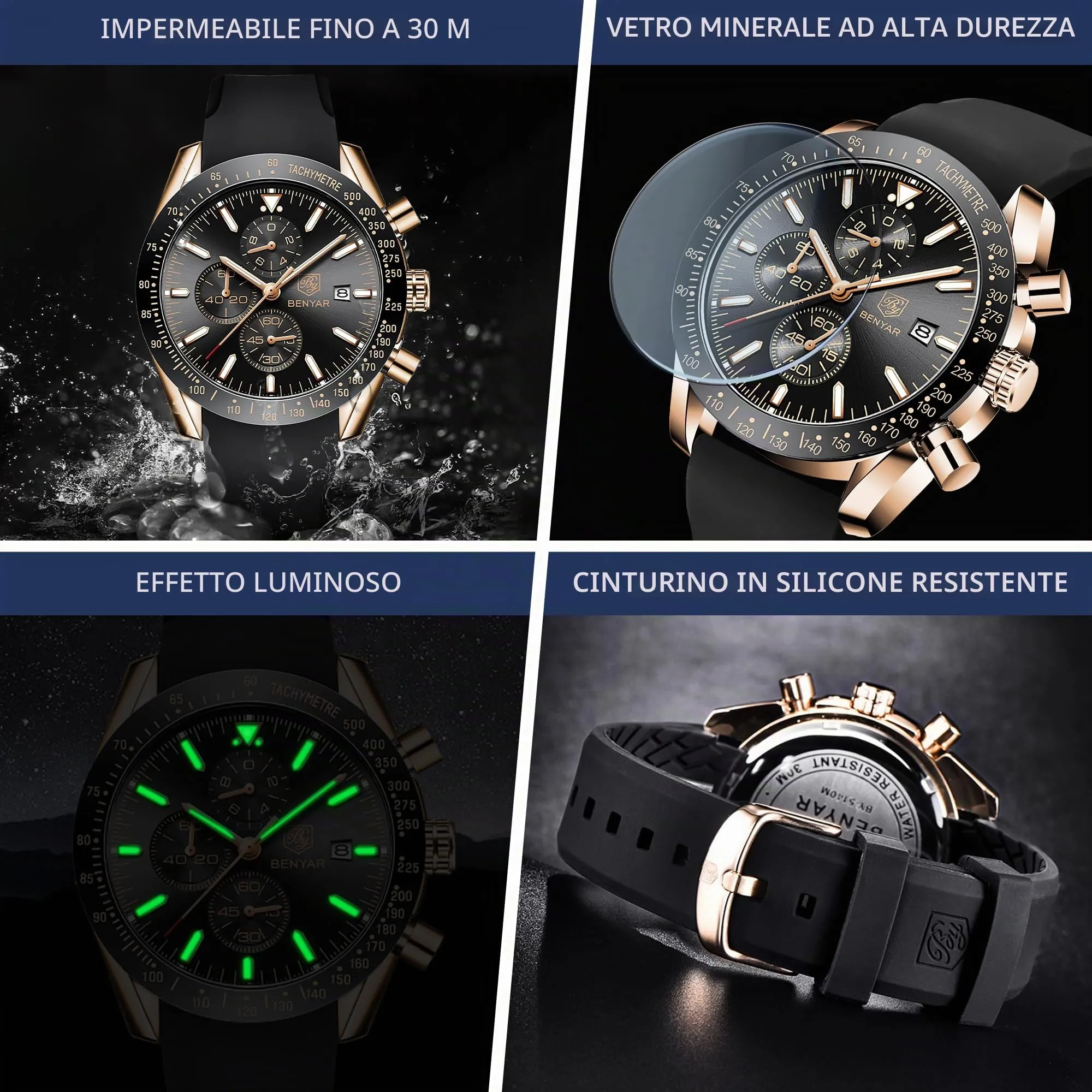 BENYAR Orologio da Uomo Cronografo Analogico al Quarzo BY-5140-Gold Black, Cinturino in Silicone, 30M Impermeabile, Nero Oro - immagine 5