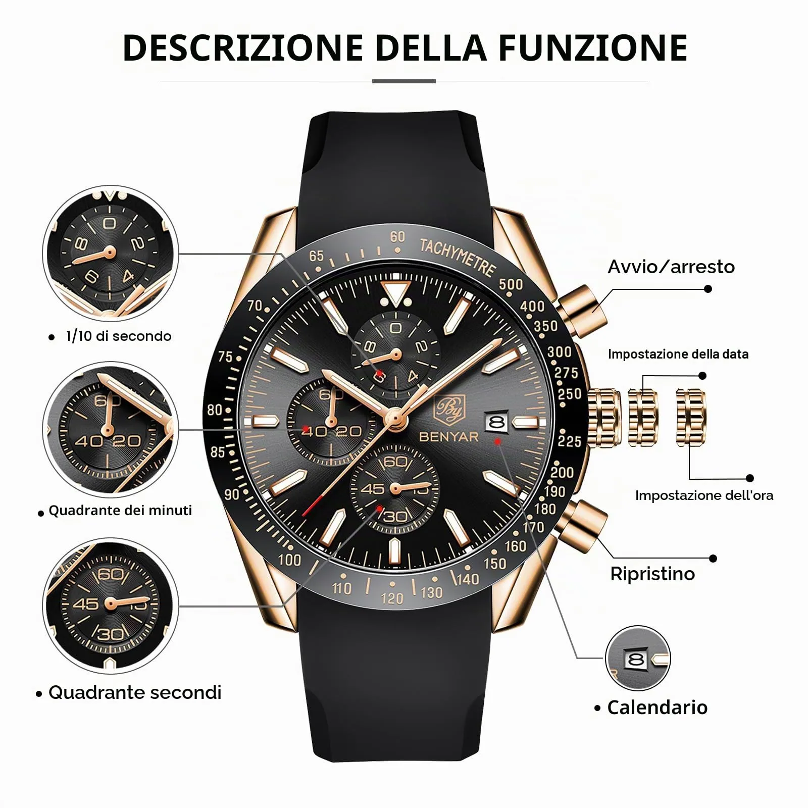 BENYAR Orologio da Uomo Cronografo Analogico al Quarzo BY-5140-Gold Black, Cinturino in Silicone, 30M Impermeabile, Nero Oro - immagine 6