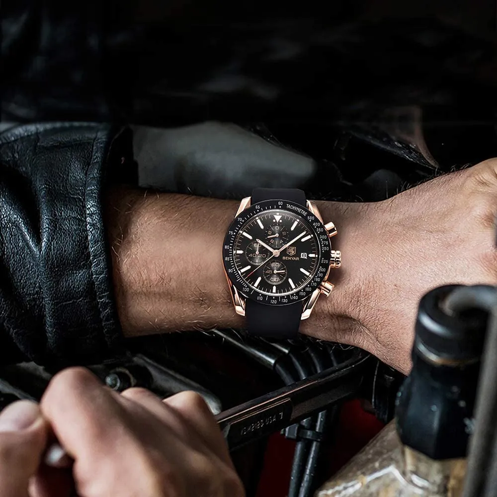 BENYAR Orologio da Uomo Cronografo Analogico al Quarzo BY-5140-Gold Black, Cinturino in Silicone, 30M Impermeabile, Nero Oro - immagine 8