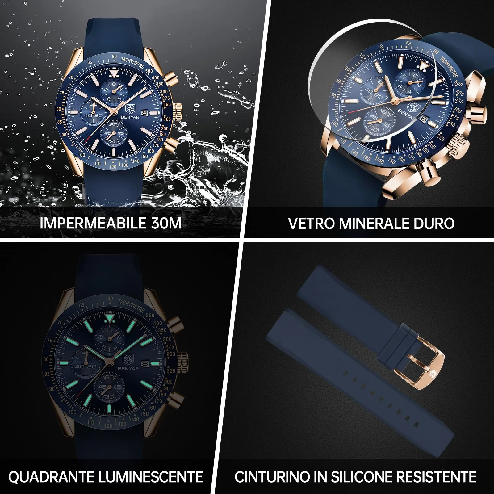 BENYAR Orologio da Uomo Cronografo Analogico al Quarzo BY-5140-Gold Blue, Cinturino in Silicone, Impermeabile 30M, Oro Blu - immagine 5