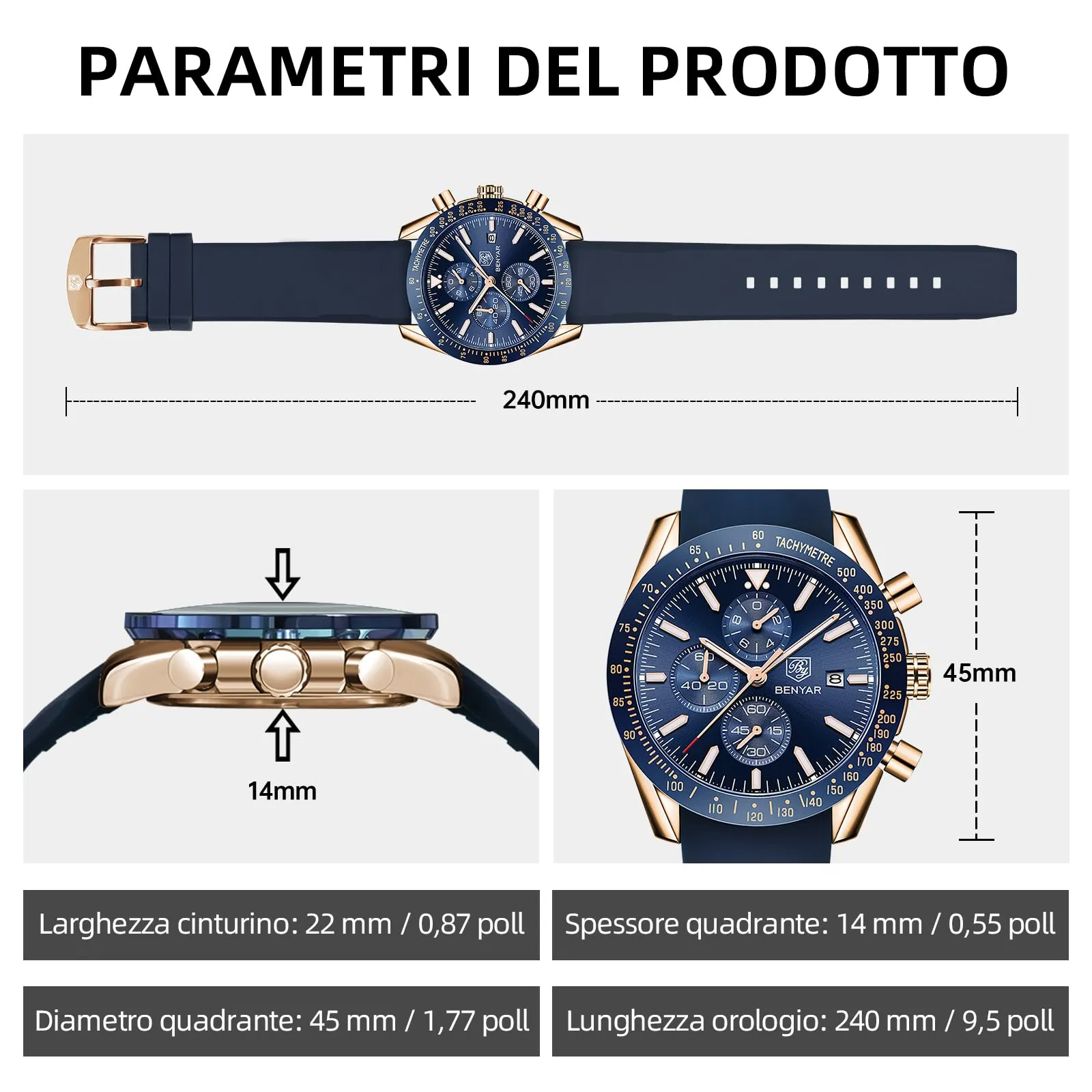 BENYAR Orologio da Uomo Cronografo Analogico al Quarzo BY-5140-Gold Blue, Cinturino in Silicone, Impermeabile 30M, Oro Blu - immagine 6