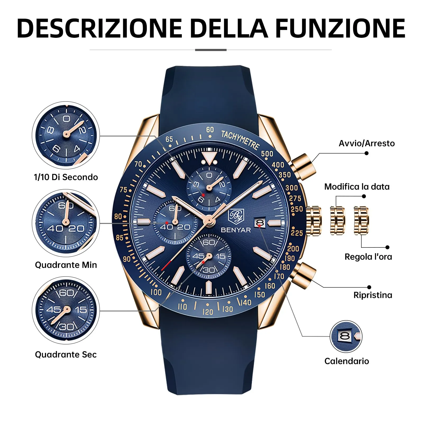 BENYAR Orologio da Uomo Cronografo Analogico al Quarzo BY-5140-Gold Blue, Cinturino in Silicone, Impermeabile 30M, Oro Blu - immagine 7