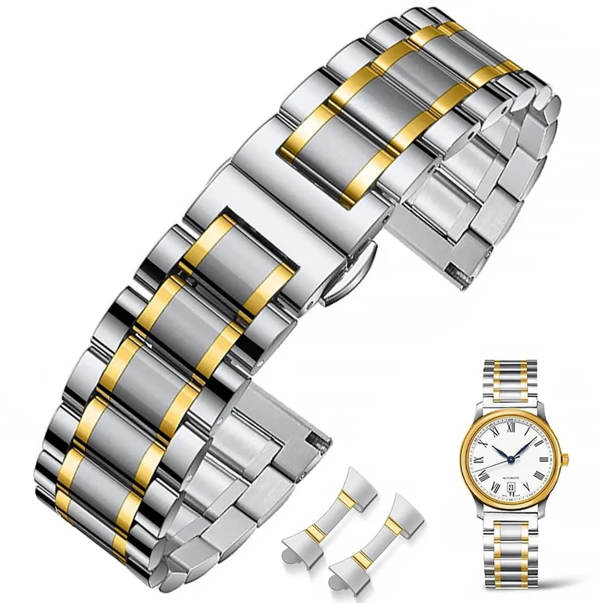 FOUUA Cinturino in Acciaio Inossidabile 14mm Argento e Oro per Orologio e Smartwatch - immagine 1
