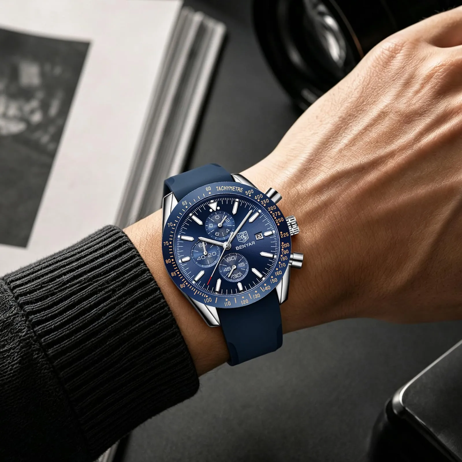 BENYAR Orologio da Uomo Cronografo Analogico al Quarzo, Cinturino in Silicone, 30M Impermeabile, Blu Argento - immagine 2