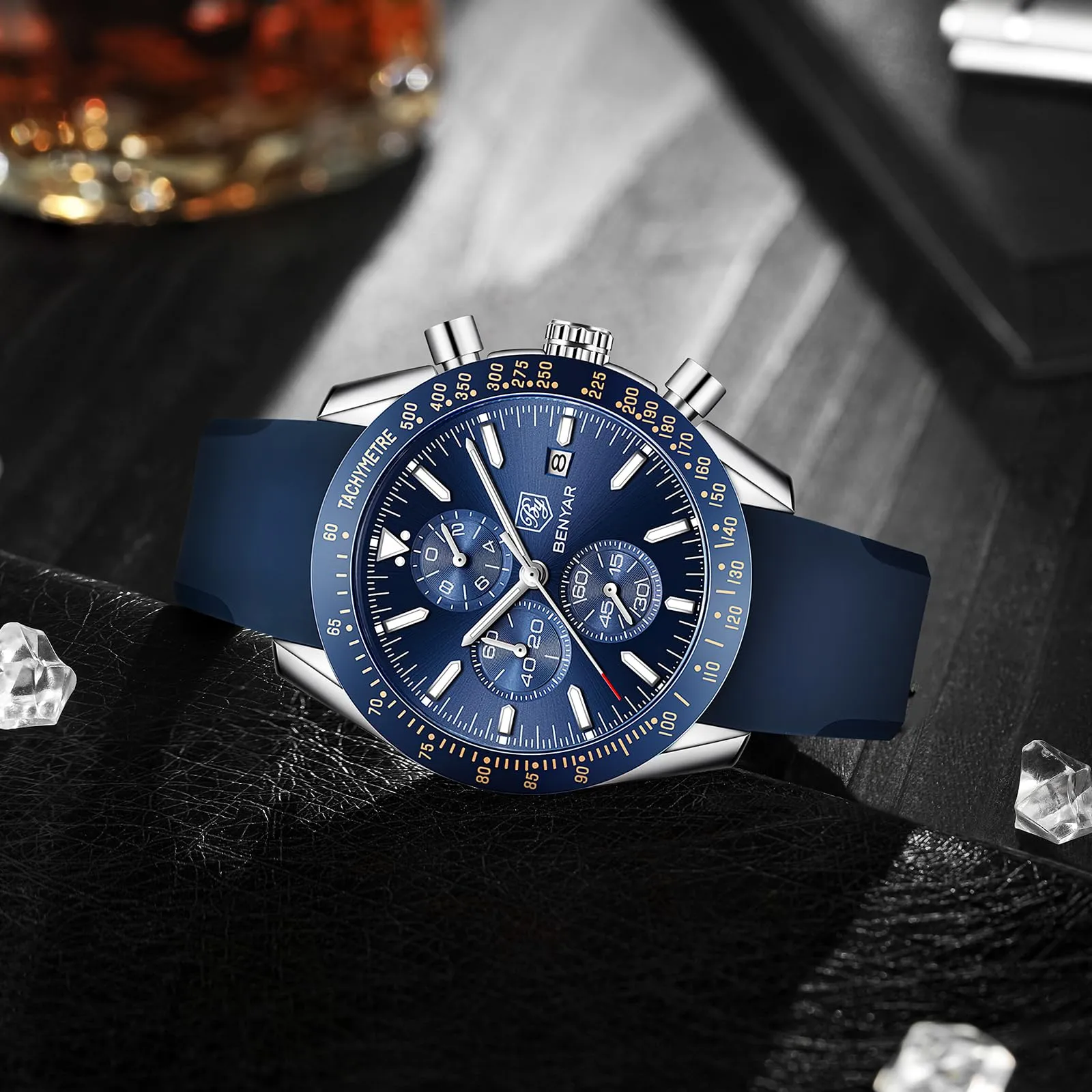 BENYAR Orologio da Uomo Cronografo Analogico al Quarzo, Cinturino in Silicone, 30M Impermeabile, Blu Argento - immagine 4