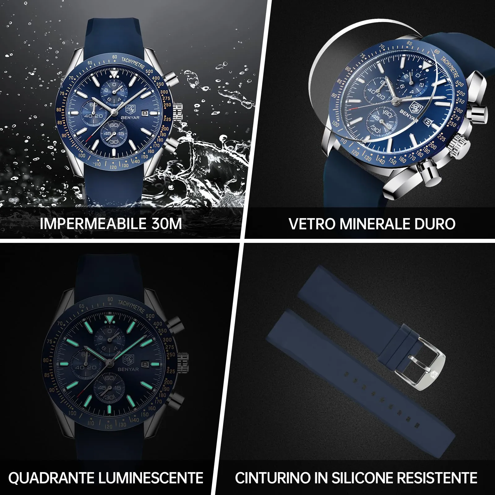 BENYAR Orologio da Uomo Cronografo Analogico al Quarzo, Cinturino in Silicone, 30M Impermeabile, Blu Argento - immagine 5