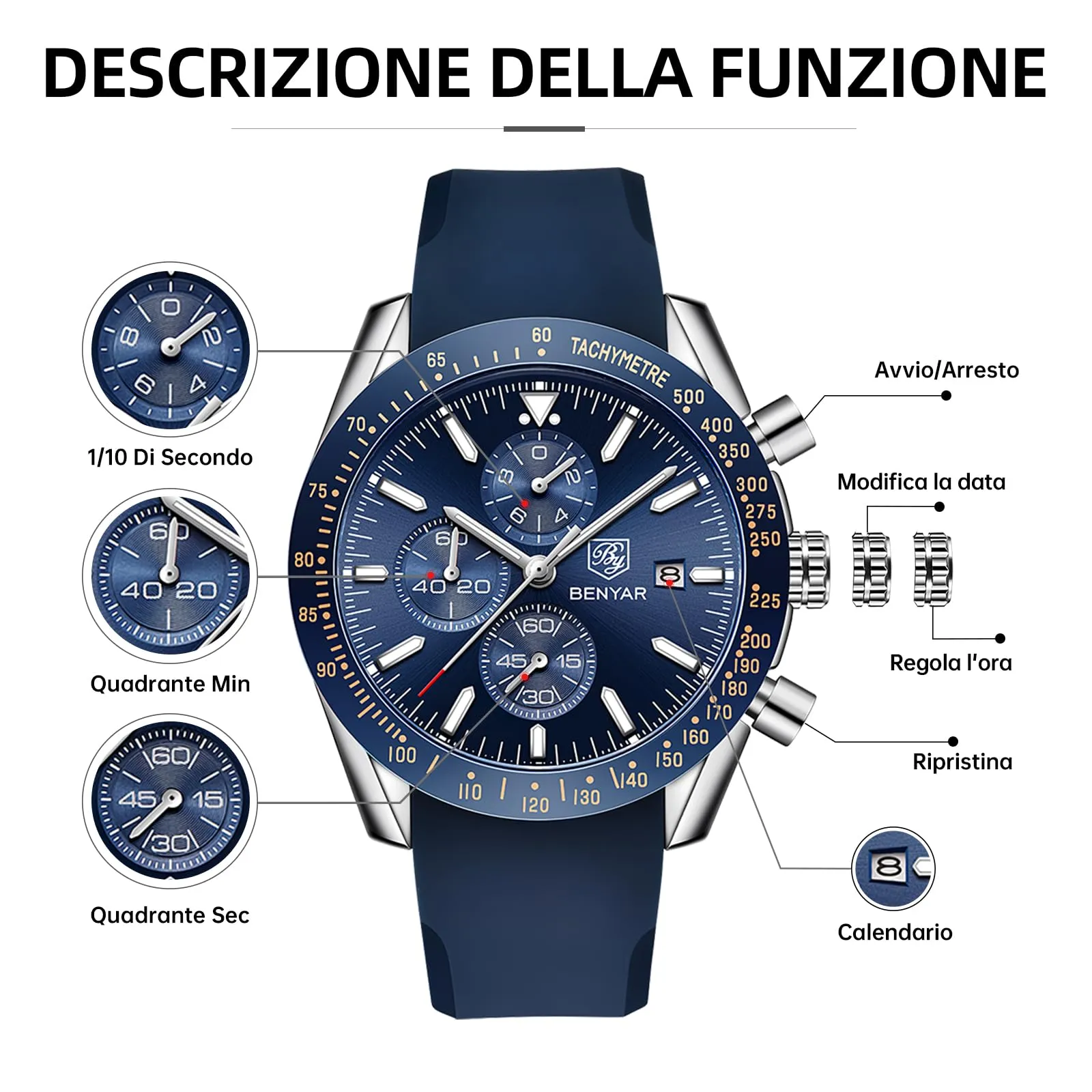 BENYAR Orologio da Uomo Cronografo Analogico al Quarzo, Cinturino in Silicone, 30M Impermeabile, Blu Argento - immagine 7