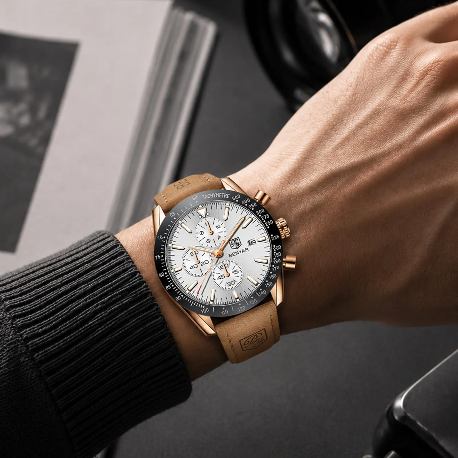 BENYAR BY 5140 Orologio da Uomo Cronografo Analogico al Quarzo, Cinturino in Pelle, Oro Bianco - immagine 2
