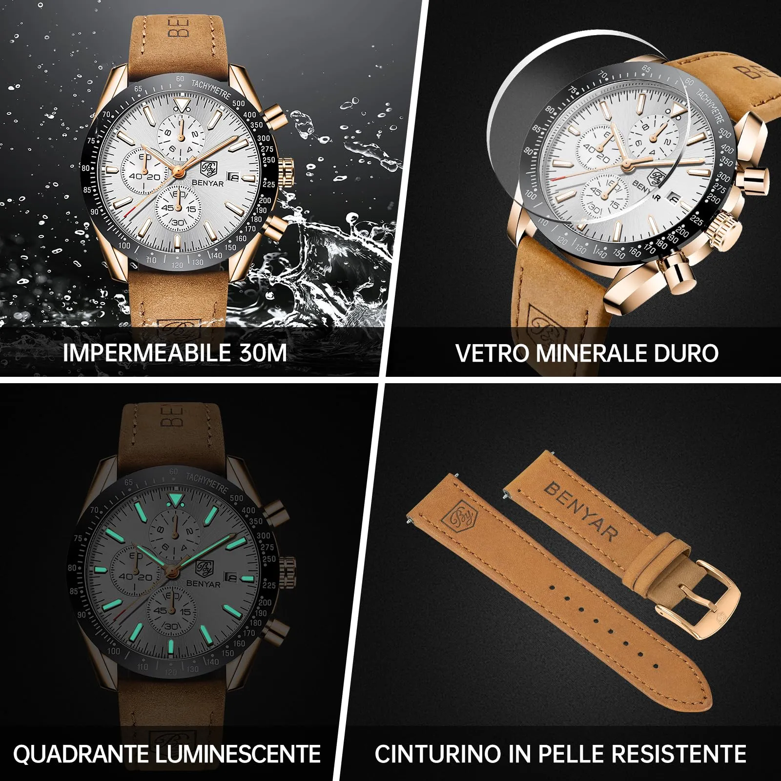 BENYAR BY 5140 Orologio da Uomo Cronografo Analogico al Quarzo, Cinturino in Pelle, Oro Bianco - immagine 5