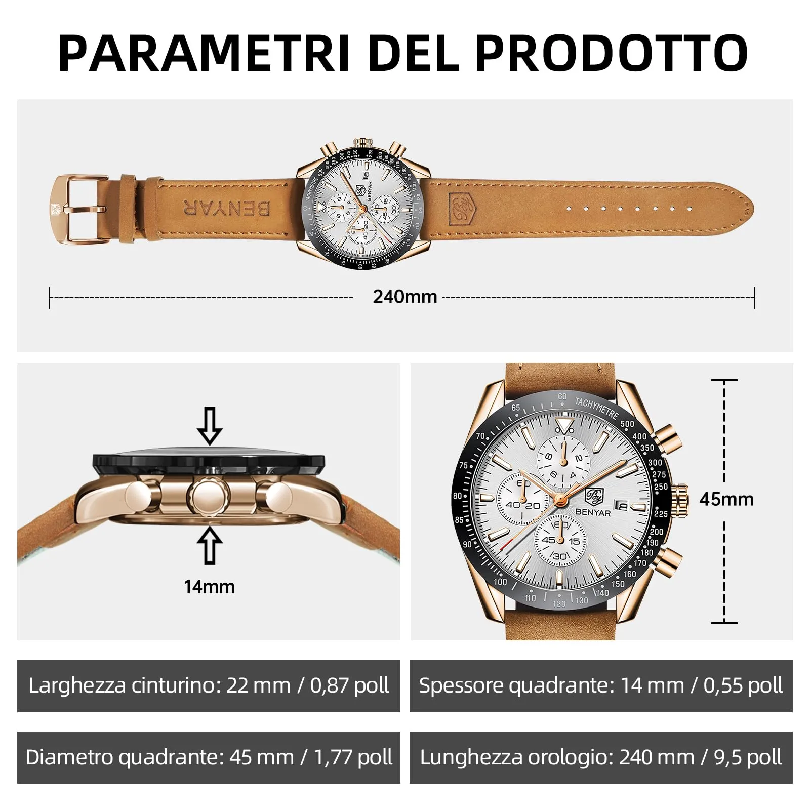 BENYAR BY 5140 Orologio da Uomo Cronografo Analogico al Quarzo, Cinturino in Pelle, Oro Bianco - immagine 6