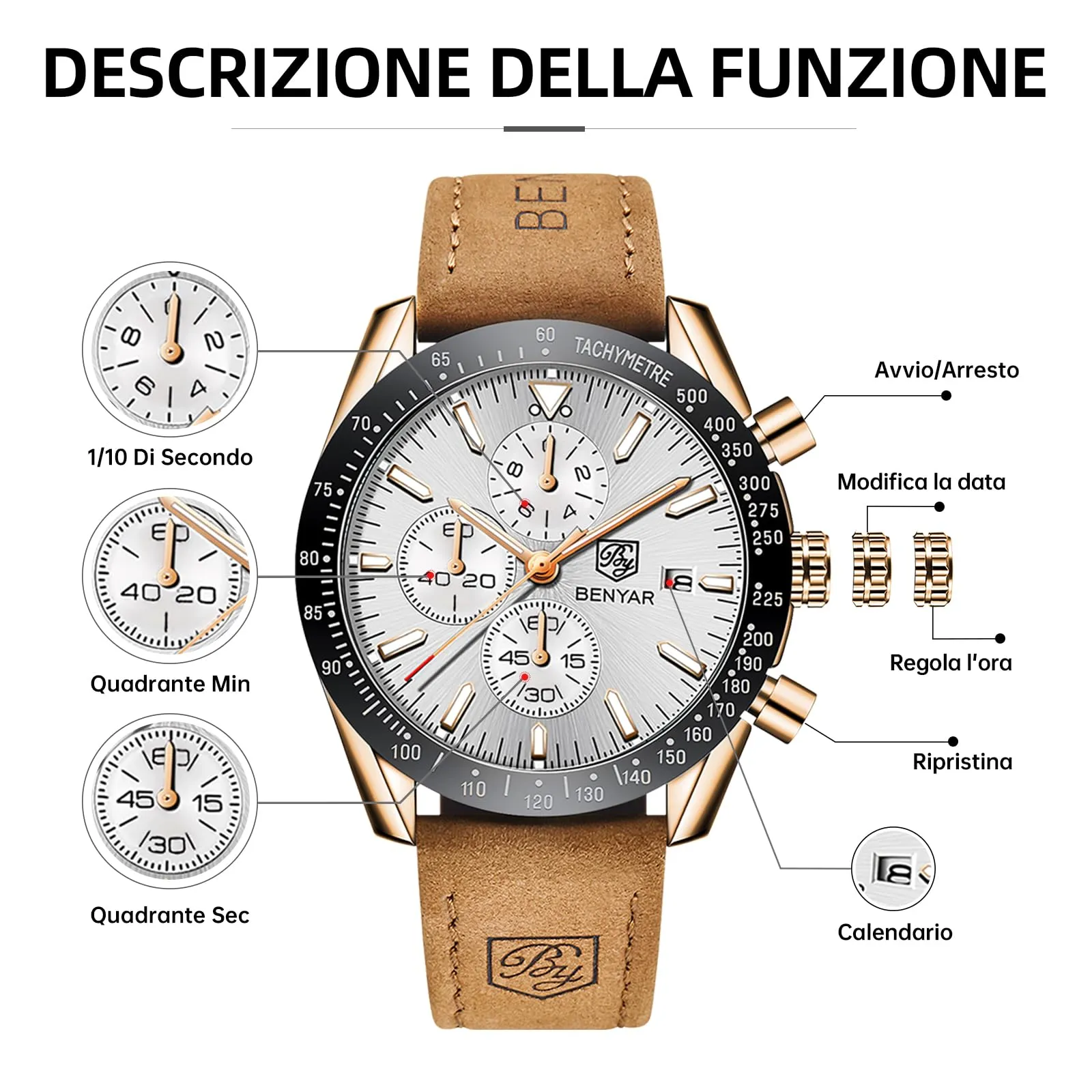 BENYAR BY 5140 Orologio da Uomo Cronografo Analogico al Quarzo, Cinturino in Pelle, Oro Bianco - immagine 7