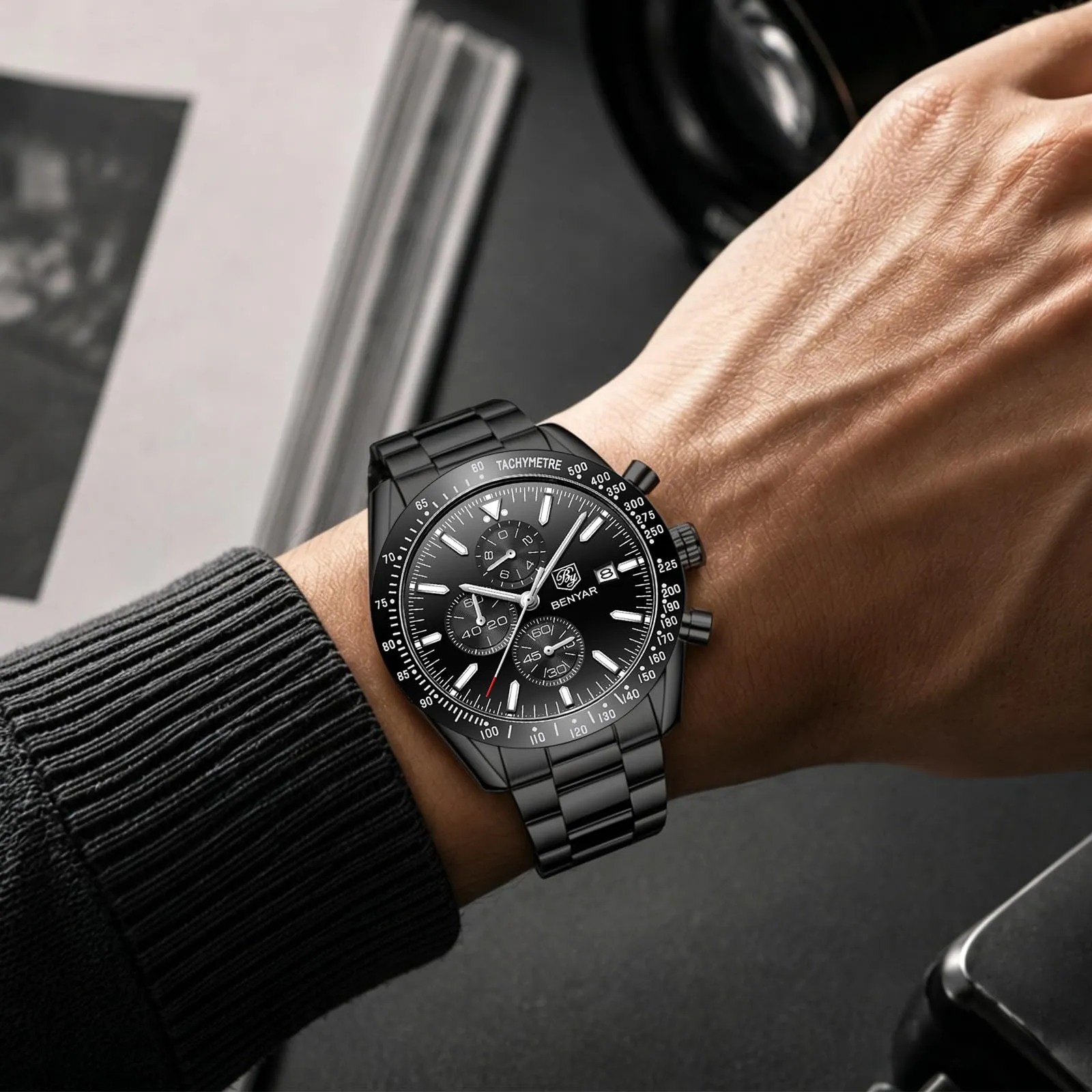 BENYAR Orologio da Uomo Cronografo Analogico al Quarzo, Cinturino in Acciaio, Nero - immagine 2