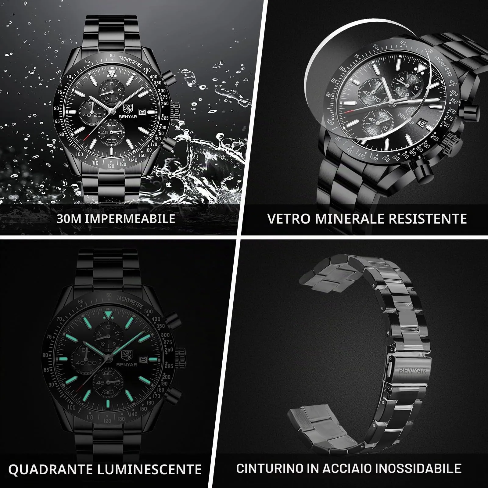 BENYAR Orologio da Uomo Cronografo Analogico al Quarzo, Cinturino in Acciaio, Nero - immagine 5