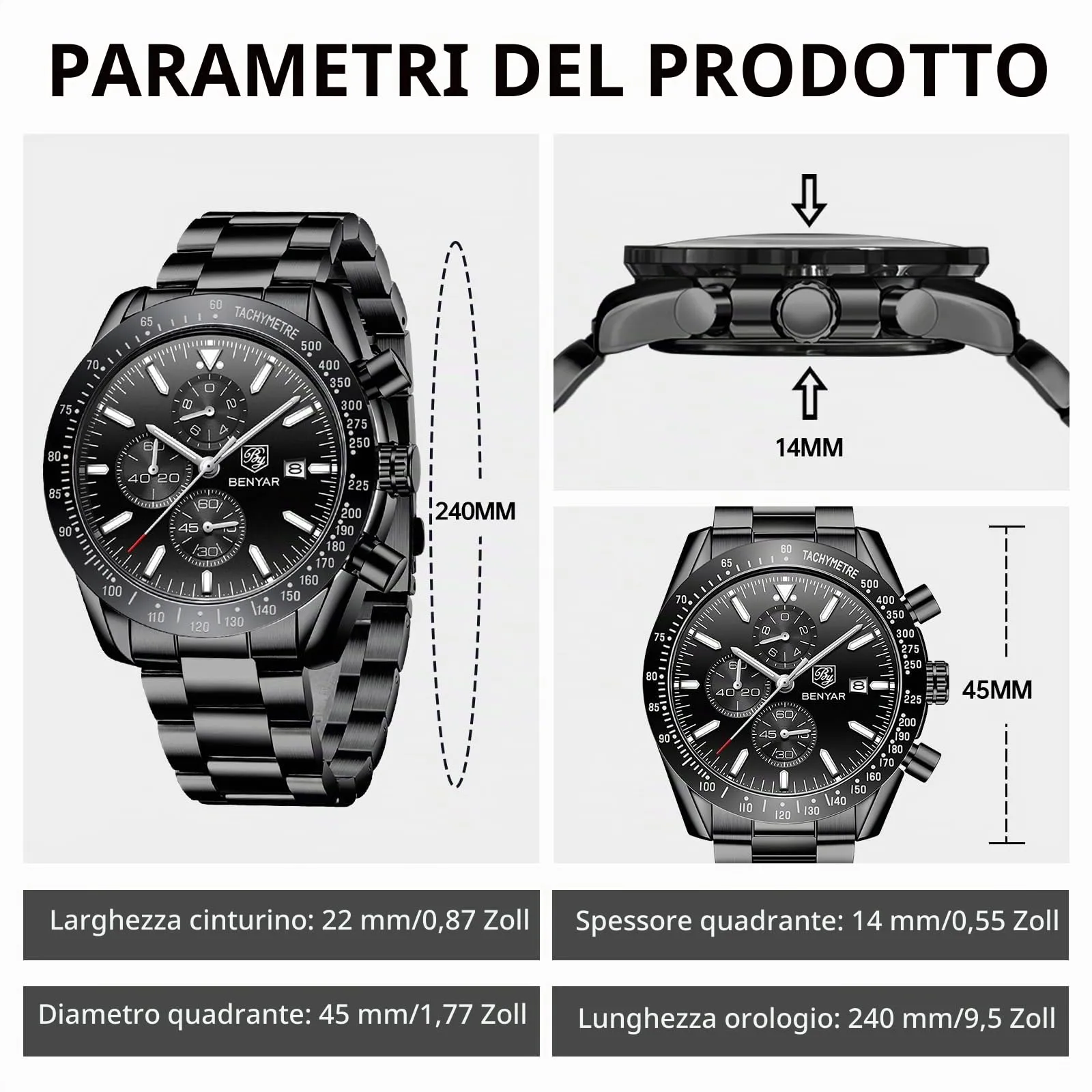 BENYAR Orologio da Uomo Cronografo Analogico al Quarzo, Cinturino in Acciaio, Nero - immagine 6