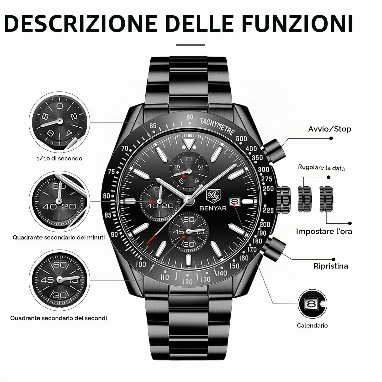 BENYAR Orologio da Uomo Cronografo Analogico al Quarzo, Cinturino in Acciaio, Nero - immagine 7
