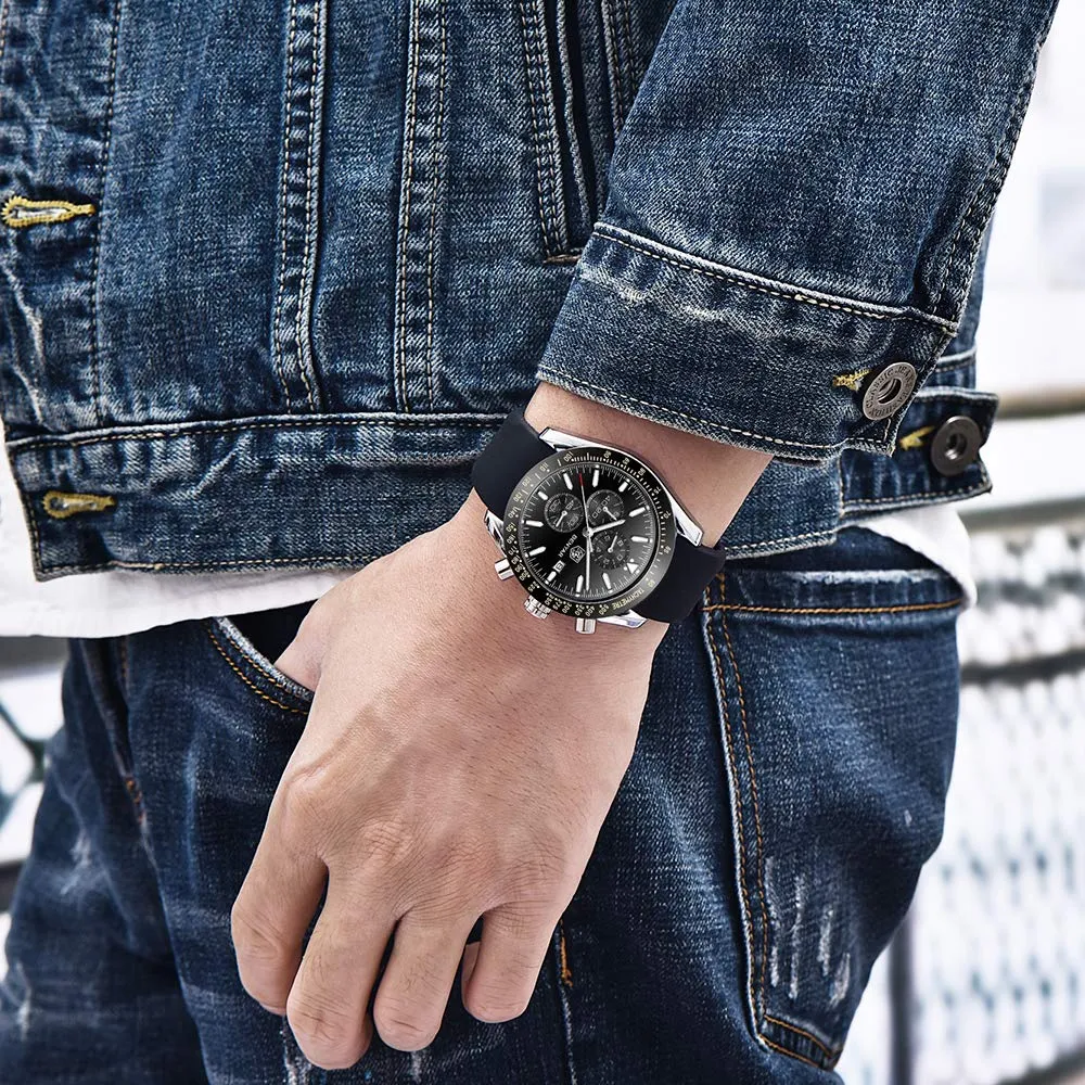 BENYAR Orologio da Uomo Cronografo Analogico al Quarzo BY-5140, Cinturino in Silicone, Nero Argento - immagine 2