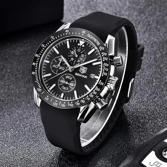 BENYAR Orologio da Uomo Cronografo Analogico al Quarzo BY-5140, Cinturino in Silicone, Nero Argento - immagine 4