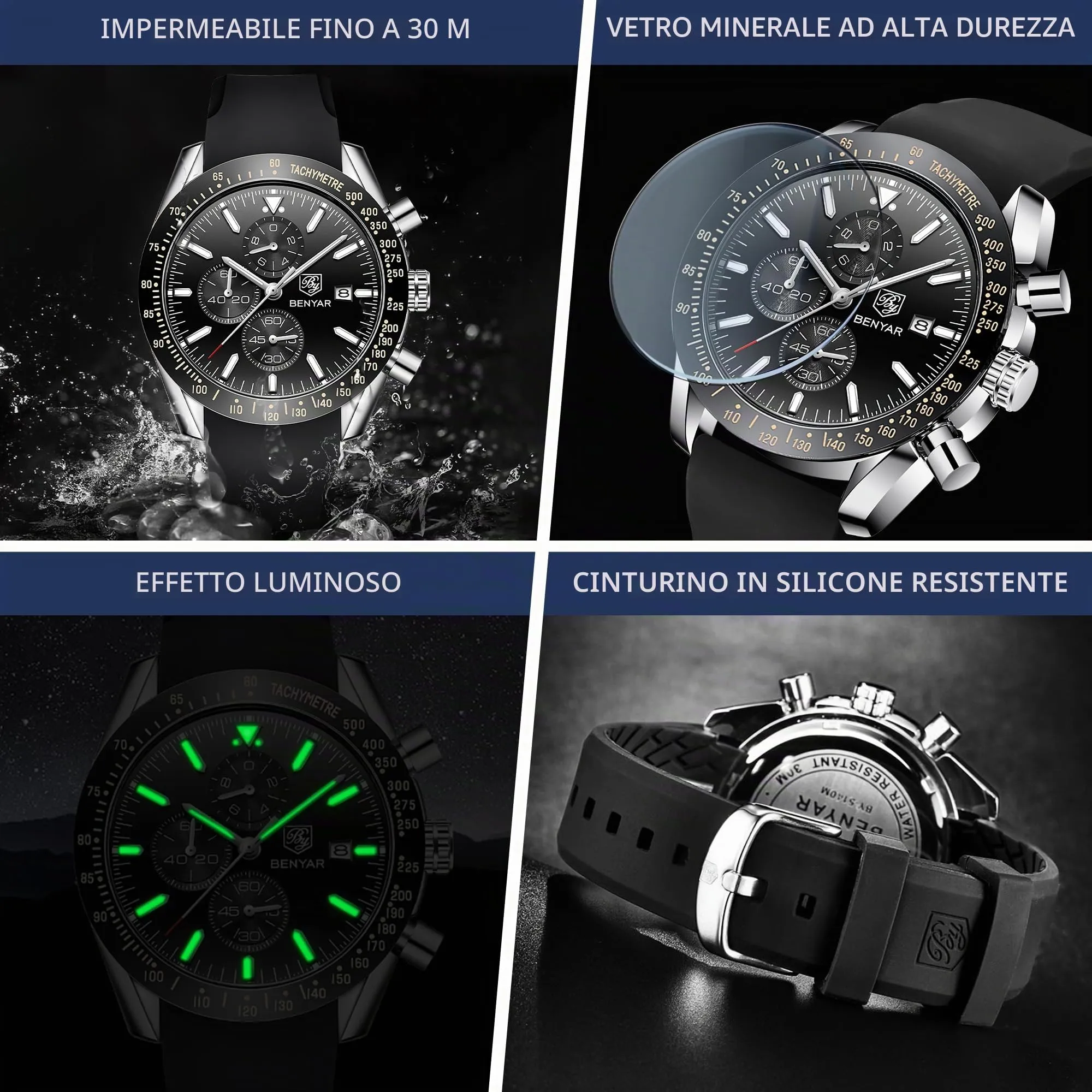 BENYAR Orologio da Uomo Cronografo Analogico al Quarzo BY-5140, Cinturino in Silicone, Nero Argento - immagine 5