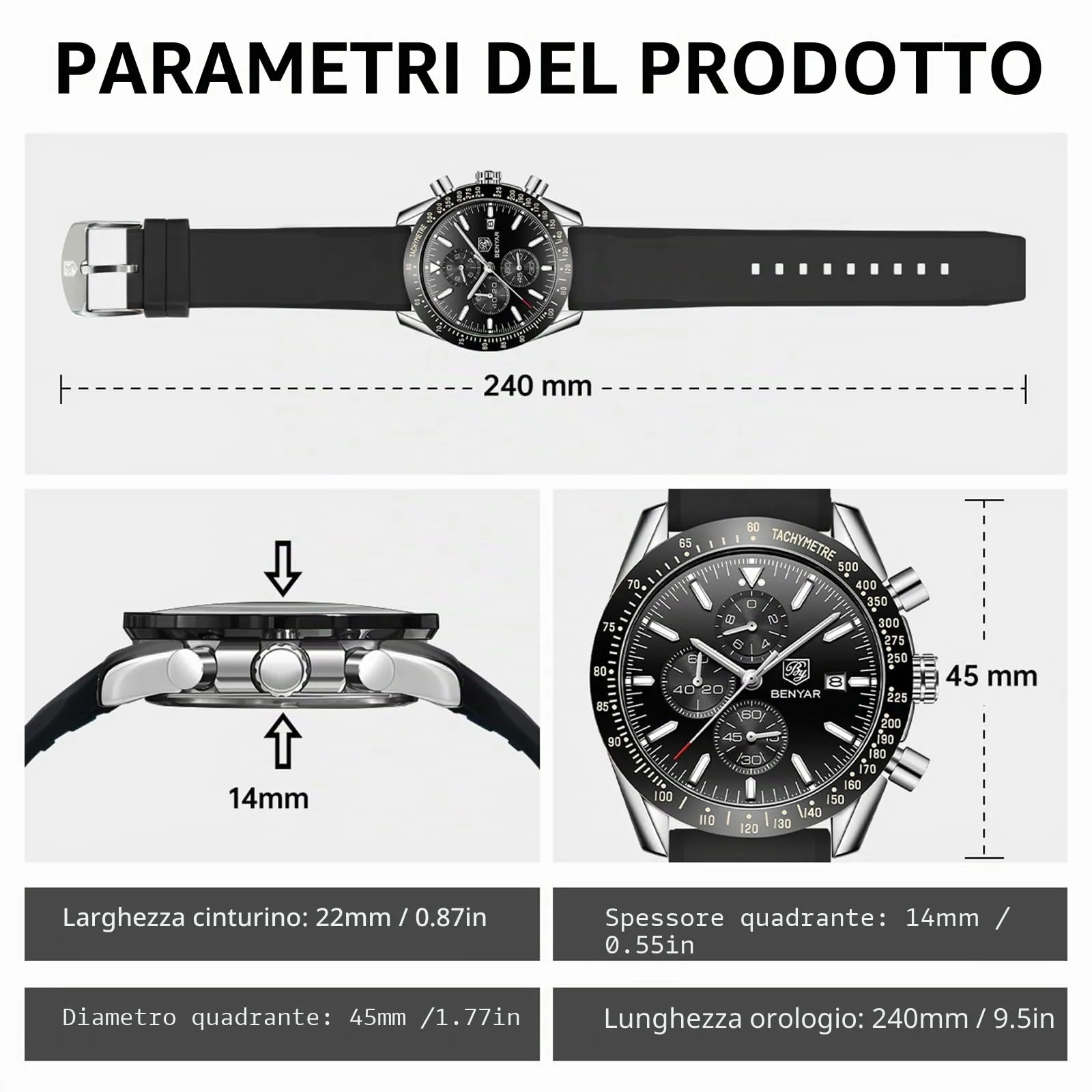 BENYAR Orologio da Uomo Cronografo Analogico al Quarzo BY-5140, Cinturino in Silicone, Nero Argento - immagine 6