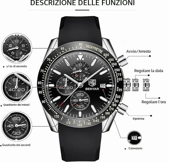 BENYAR Orologio da Uomo Cronografo Analogico al Quarzo BY-5140, Cinturino in Silicone, Nero Argento - immagine 7