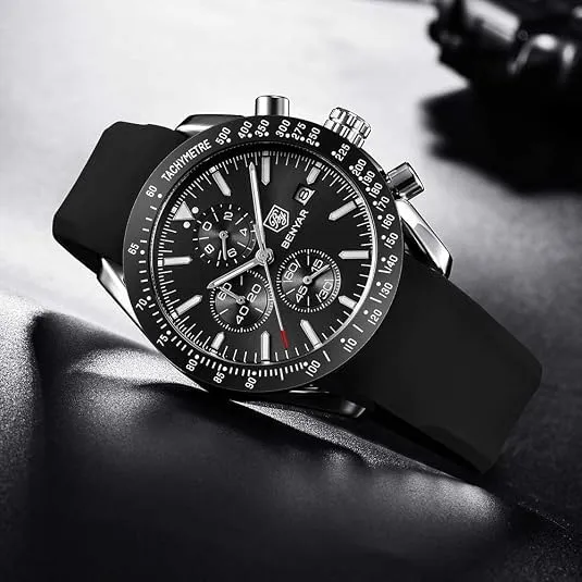 BENYAR Orologio da Uomo Cronografo Analogico al Quarzo BY-5140, Cinturino in Silicone, Nero Argento - immagine 8