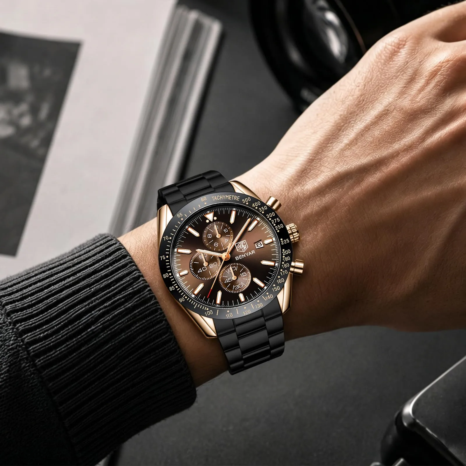 BENYAR BY5140-7 Orologio da Uomo Cronografo Analogico al Quarzo, Cinturino in Acciaio, Marrone Dorato - immagine 2