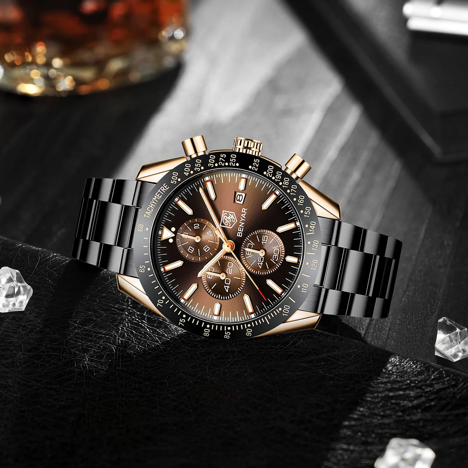 BENYAR BY5140-7 Orologio da Uomo Cronografo Analogico al Quarzo, Cinturino in Acciaio, Marrone Dorato - immagine 4