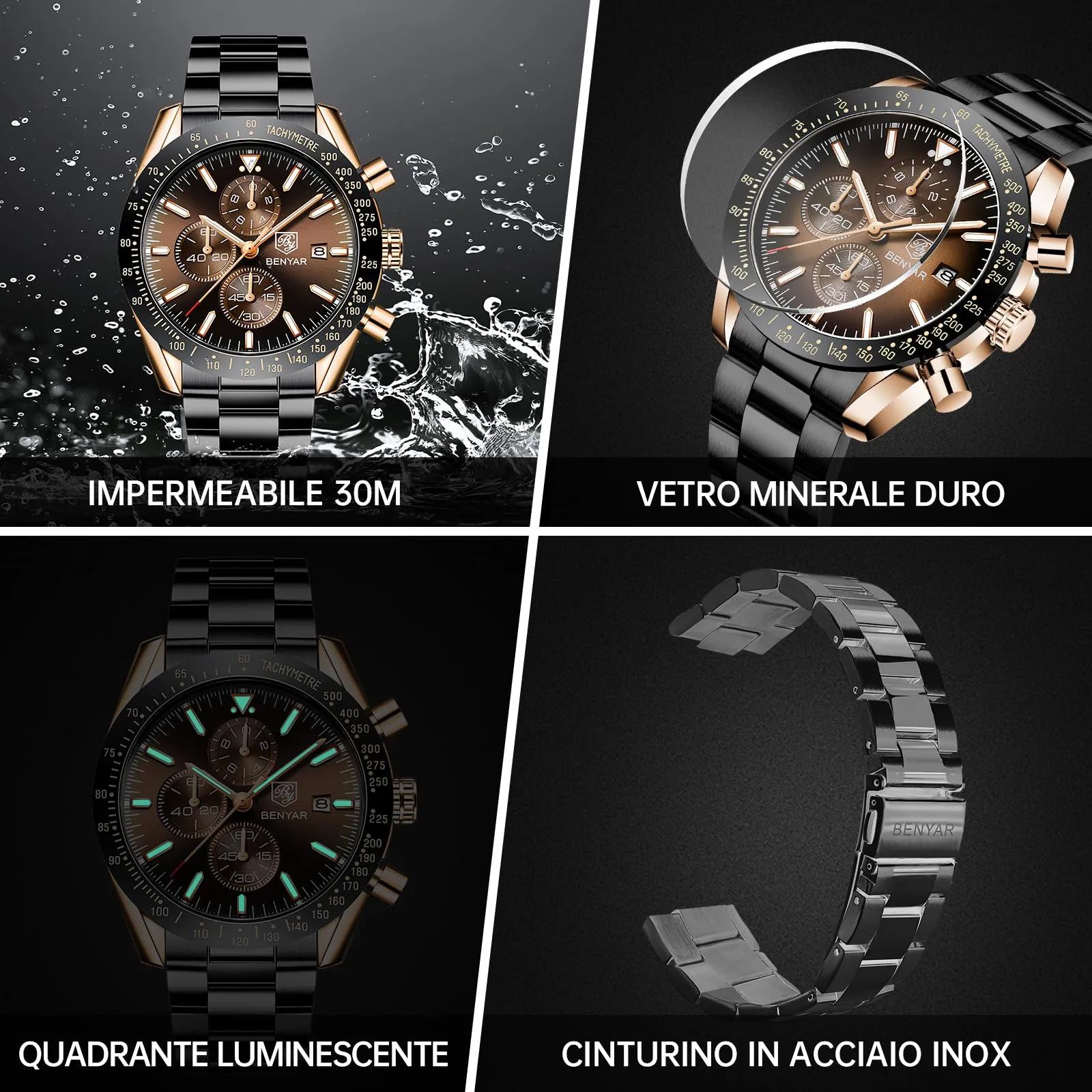 BENYAR BY5140-7 Orologio da Uomo Cronografo Analogico al Quarzo, Cinturino in Acciaio, Marrone Dorato - immagine 5