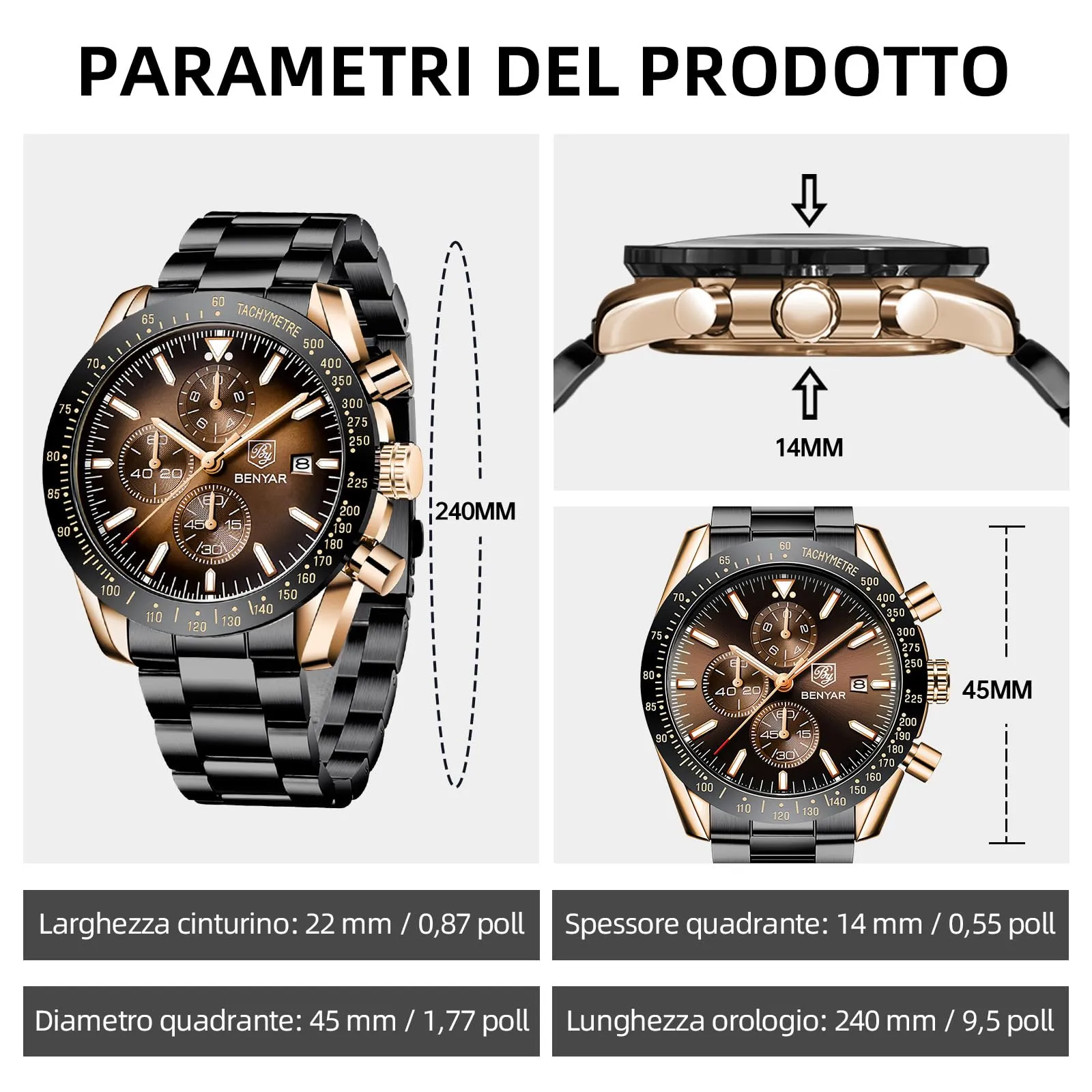 BENYAR BY5140-7 Orologio da Uomo Cronografo Analogico al Quarzo, Cinturino in Acciaio, Marrone Dorato - immagine 6