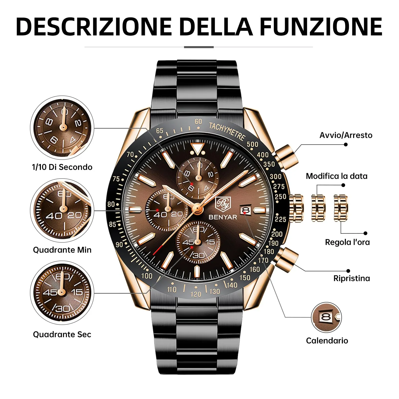 BENYAR BY5140-7 Orologio da Uomo Cronografo Analogico al Quarzo, Cinturino in Acciaio, Marrone Dorato - immagine 7
