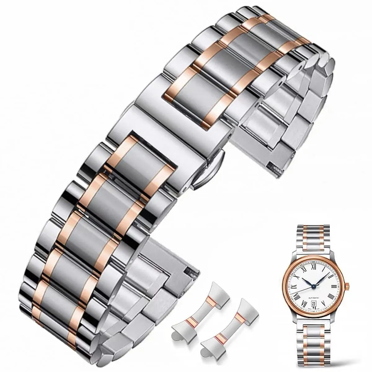 FOUUA Cinturino in Acciaio Inossidabile 22mm Argento Oro Rosa - immagine 1