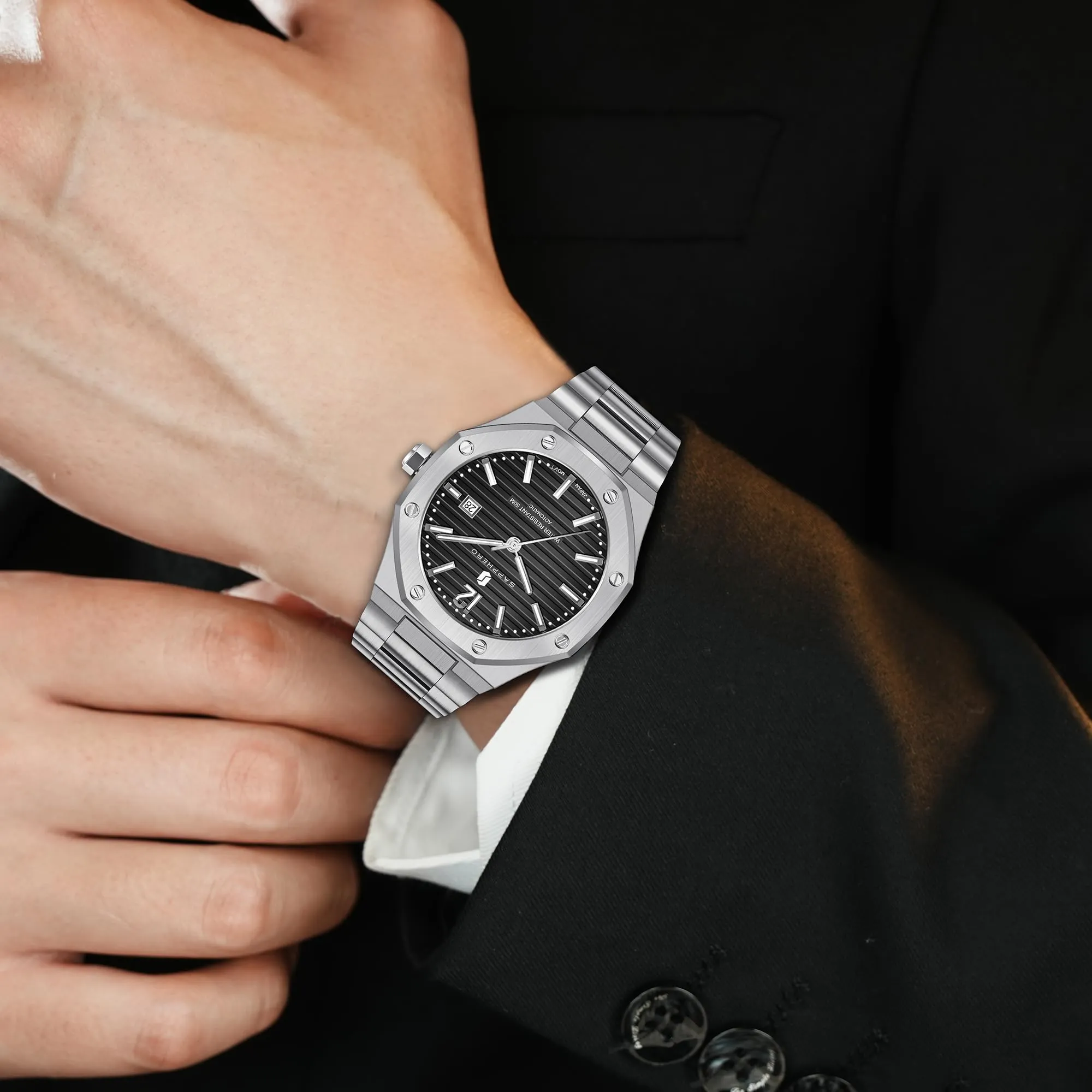 BENYAR Orologio da Uomo Cronografo Meccanico Automatico SO2112-02, Acciaio Inossidabile, 50M Impermeabile, Argento Nero - immagine 2