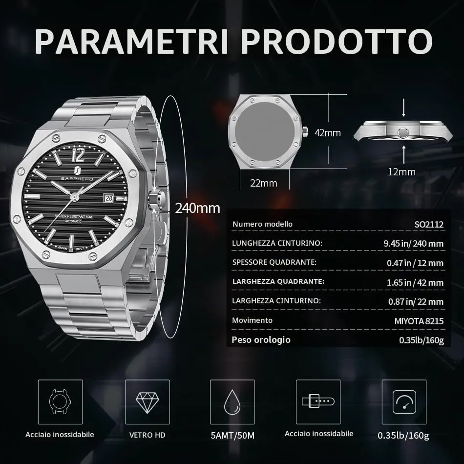 BENYAR Orologio da Uomo Cronografo Meccanico Automatico SO2112-02, Acciaio Inossidabile, 50M Impermeabile, Argento Nero - immagine 4