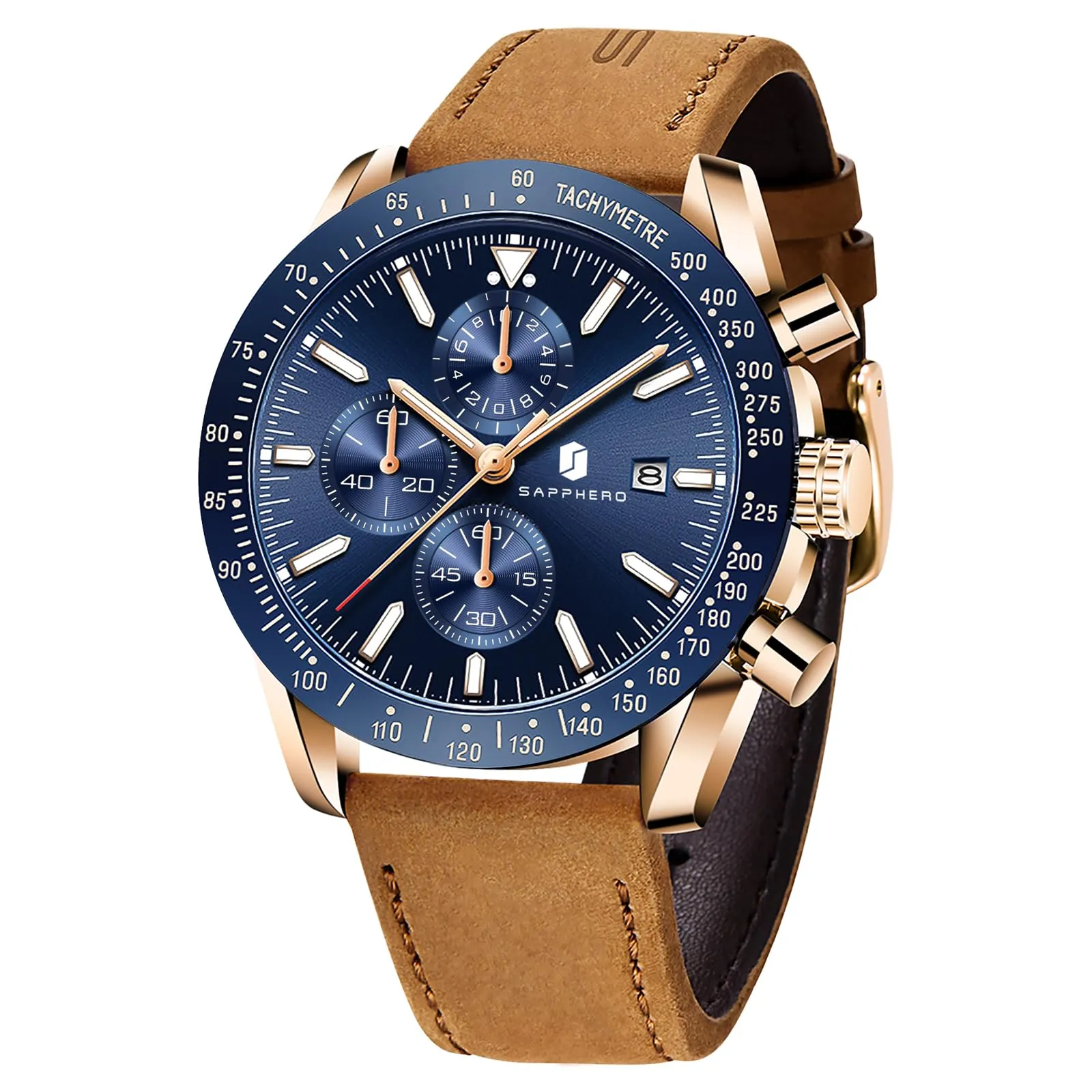 BENYAR BY5140 Orologio da Uomo Cronografo Analogico al Quarzo, Cinturino in Pelle, 50M Impermeabile, Oro Rosa Blu - immagine 1