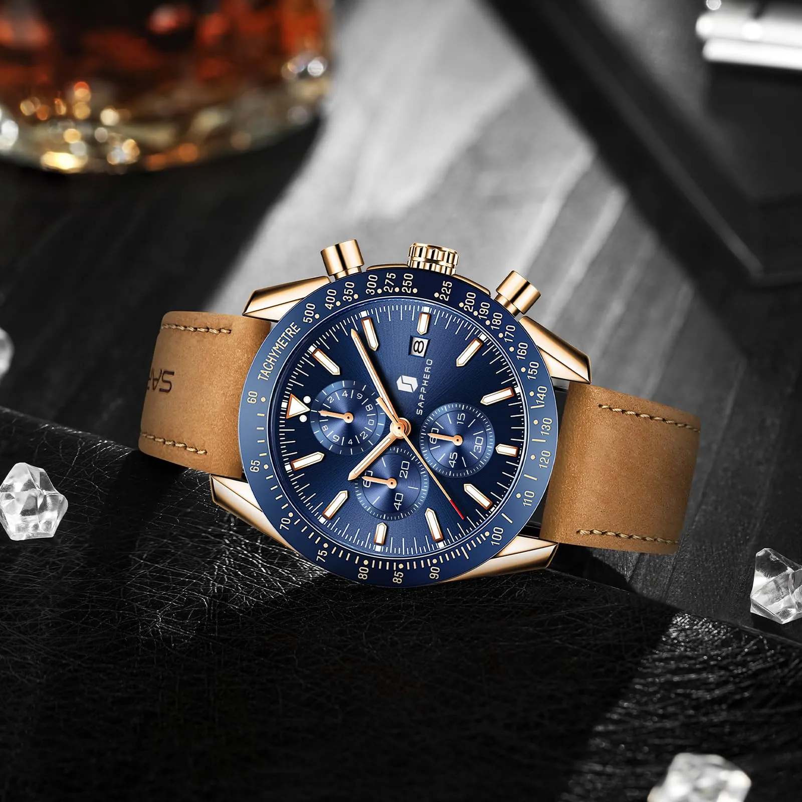 BENYAR BY5140 Orologio da Uomo Cronografo Analogico al Quarzo, Cinturino in Pelle, 50M Impermeabile, Oro Rosa Blu - immagine 4