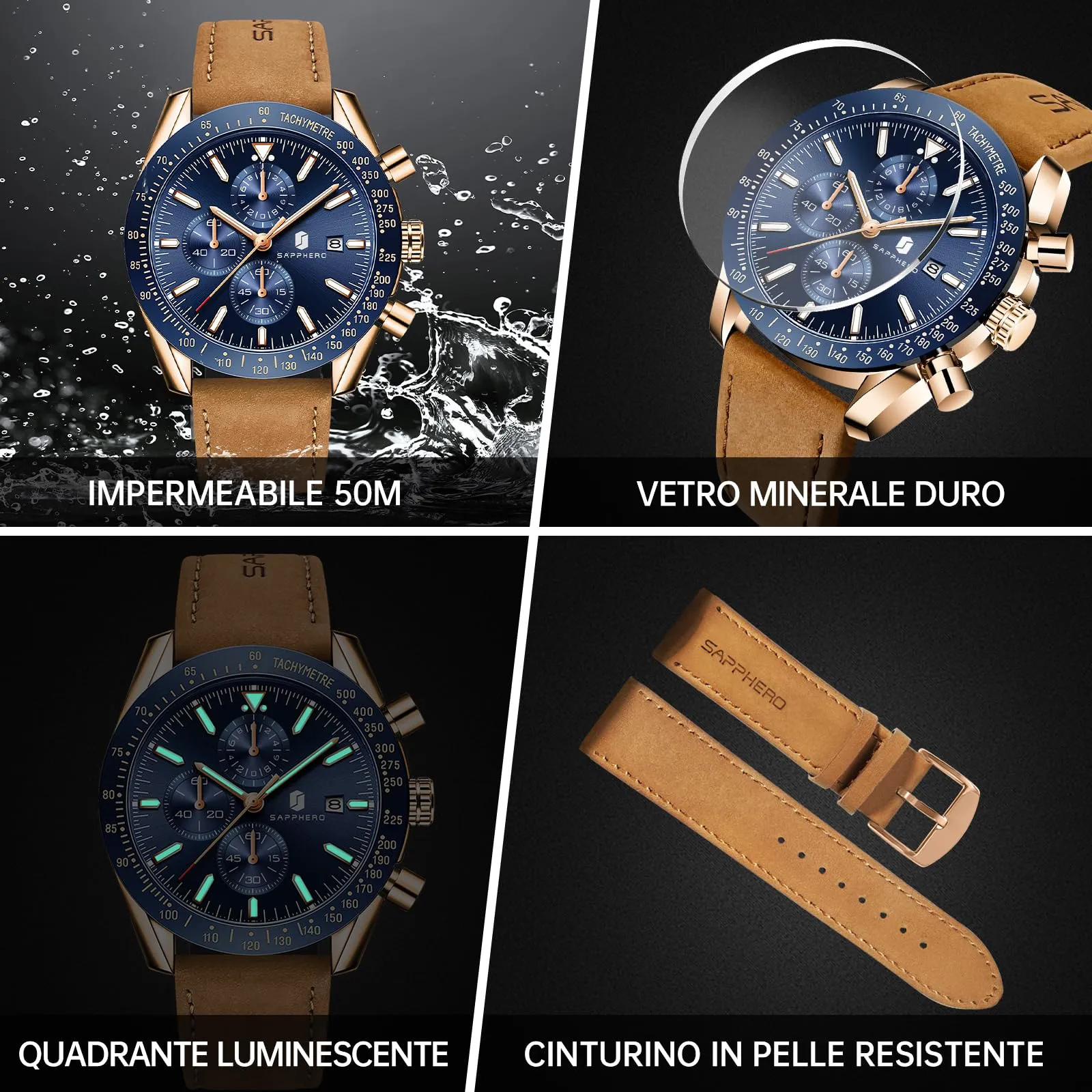 BENYAR BY5140 Orologio da Uomo Cronografo Analogico al Quarzo, Cinturino in Pelle, 50M Impermeabile, Oro Rosa Blu - immagine 5