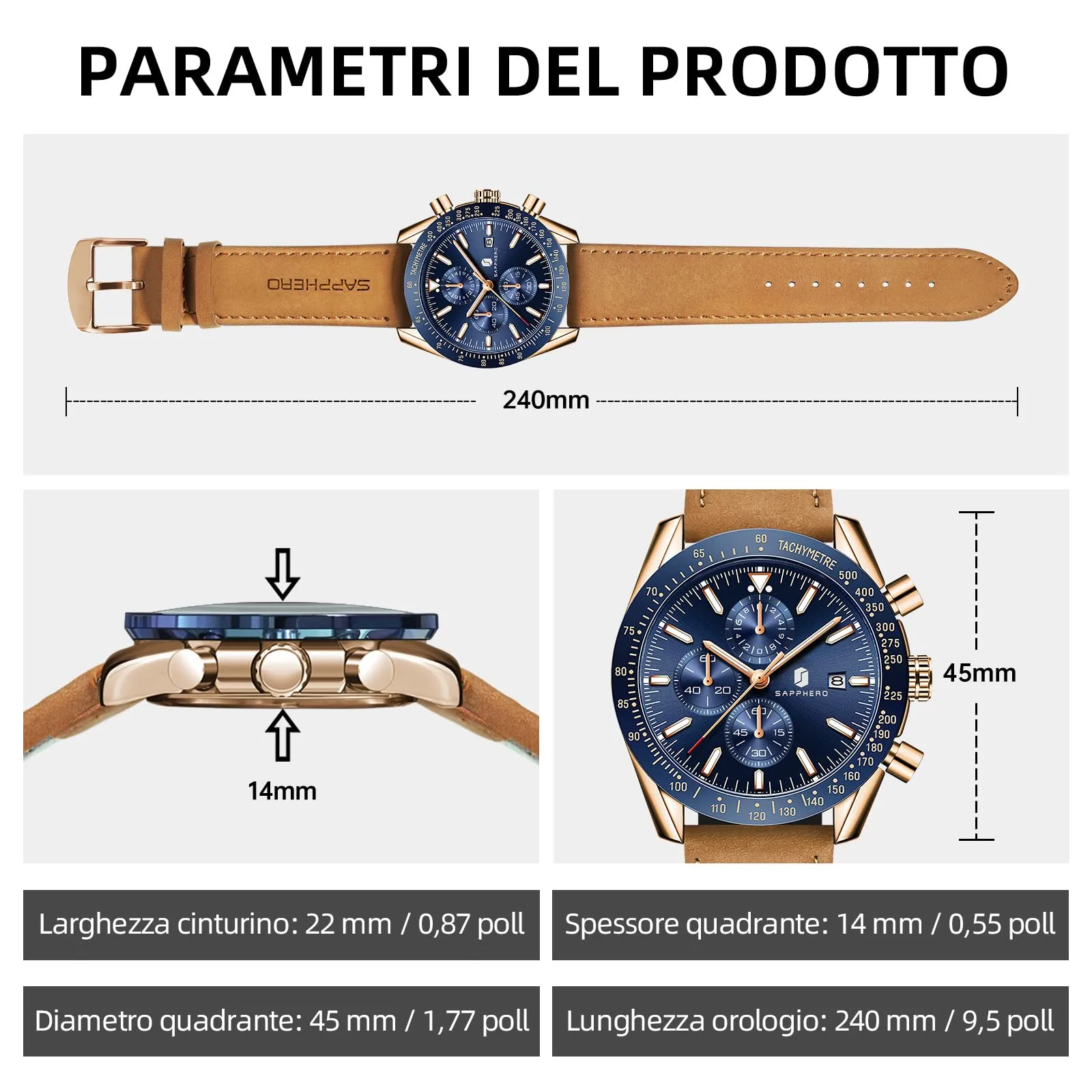 BENYAR BY5140 Orologio da Uomo Cronografo Analogico al Quarzo, Cinturino in Pelle, 50M Impermeabile, Oro Rosa Blu - immagine 6