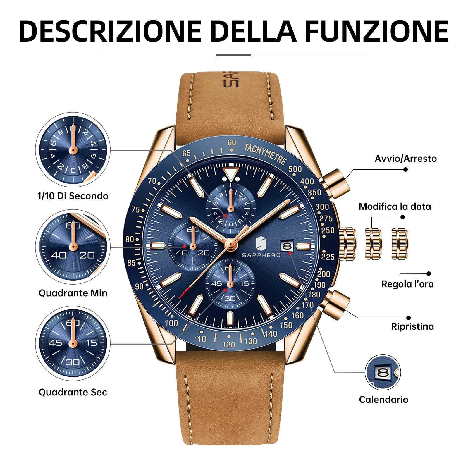 BENYAR BY5140 Orologio da Uomo Cronografo Analogico al Quarzo, Cinturino in Pelle, 50M Impermeabile, Oro Rosa Blu - immagine 7
