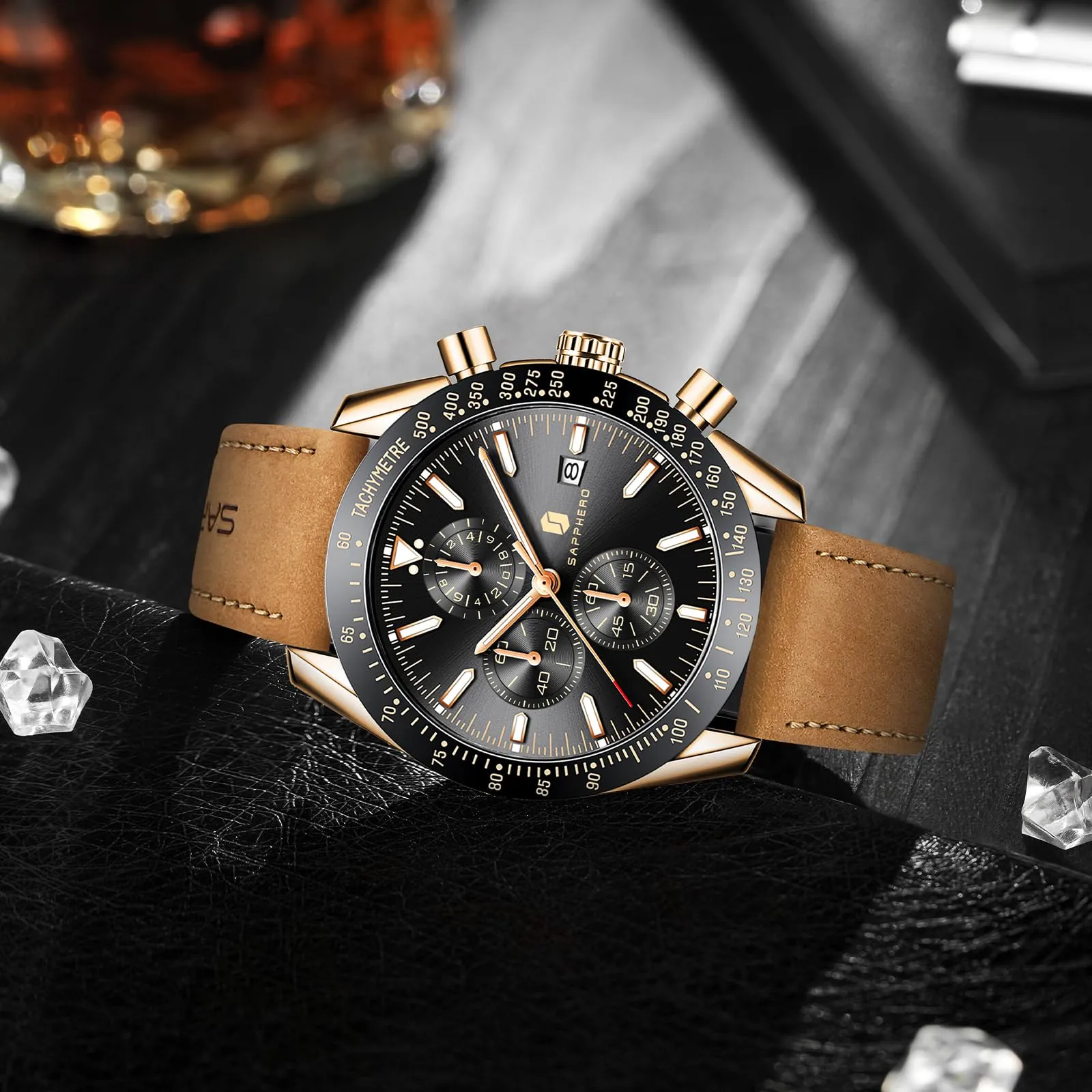 BENYAR Orologio da Uomo Cronografo Analogico al Quarzo, Cinturino in Pelle, 50M Impermeabile, Oro Rosa Nero - immagine 4