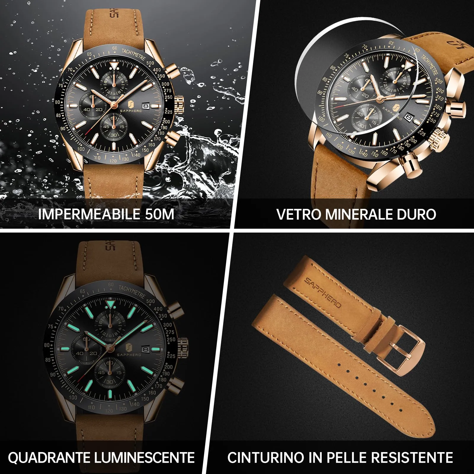 BENYAR Orologio da Uomo Cronografo Analogico al Quarzo, Cinturino in Pelle, 50M Impermeabile, Oro Rosa Nero - immagine 5