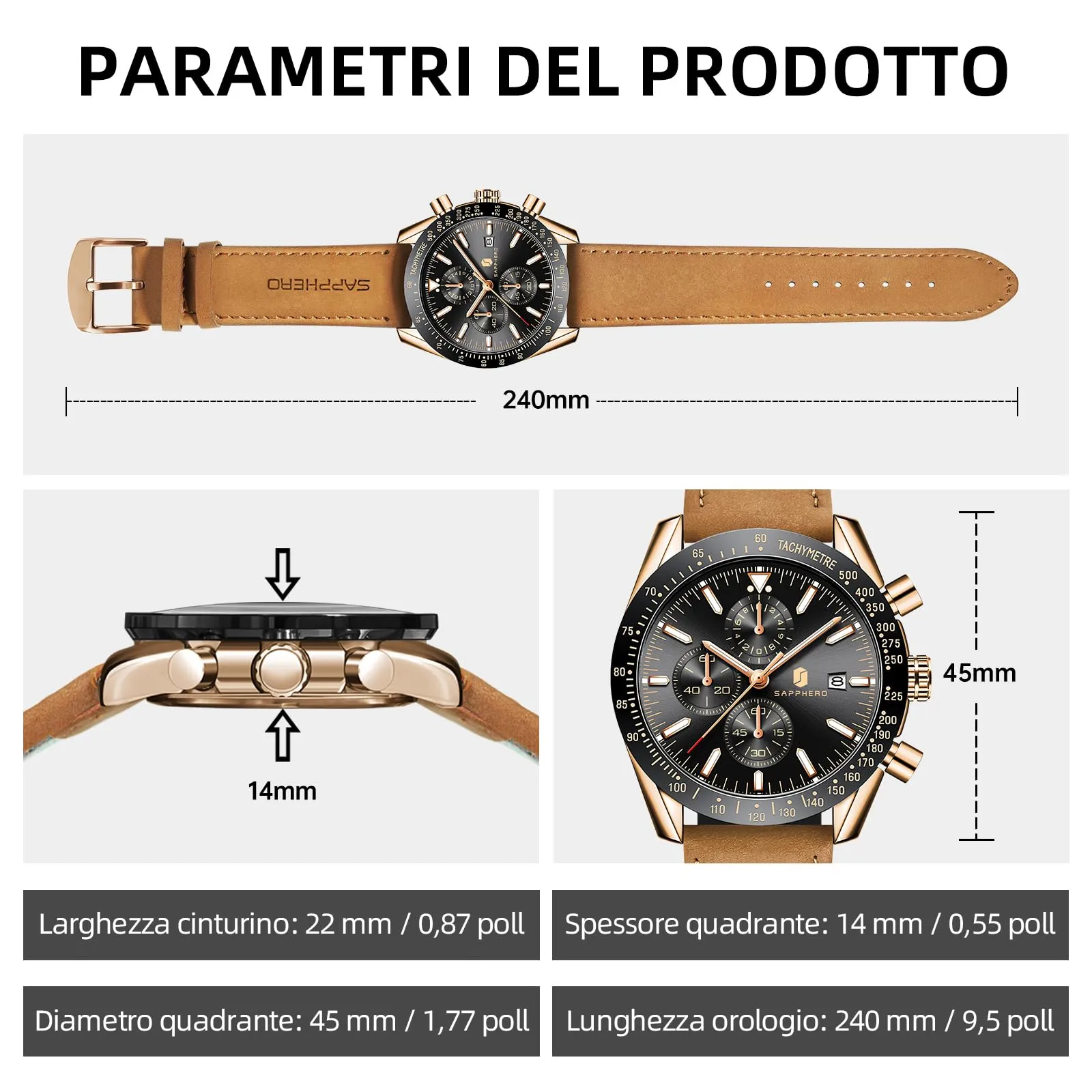 BENYAR Orologio da Uomo Cronografo Analogico al Quarzo, Cinturino in Pelle, 50M Impermeabile, Oro Rosa Nero - immagine 6