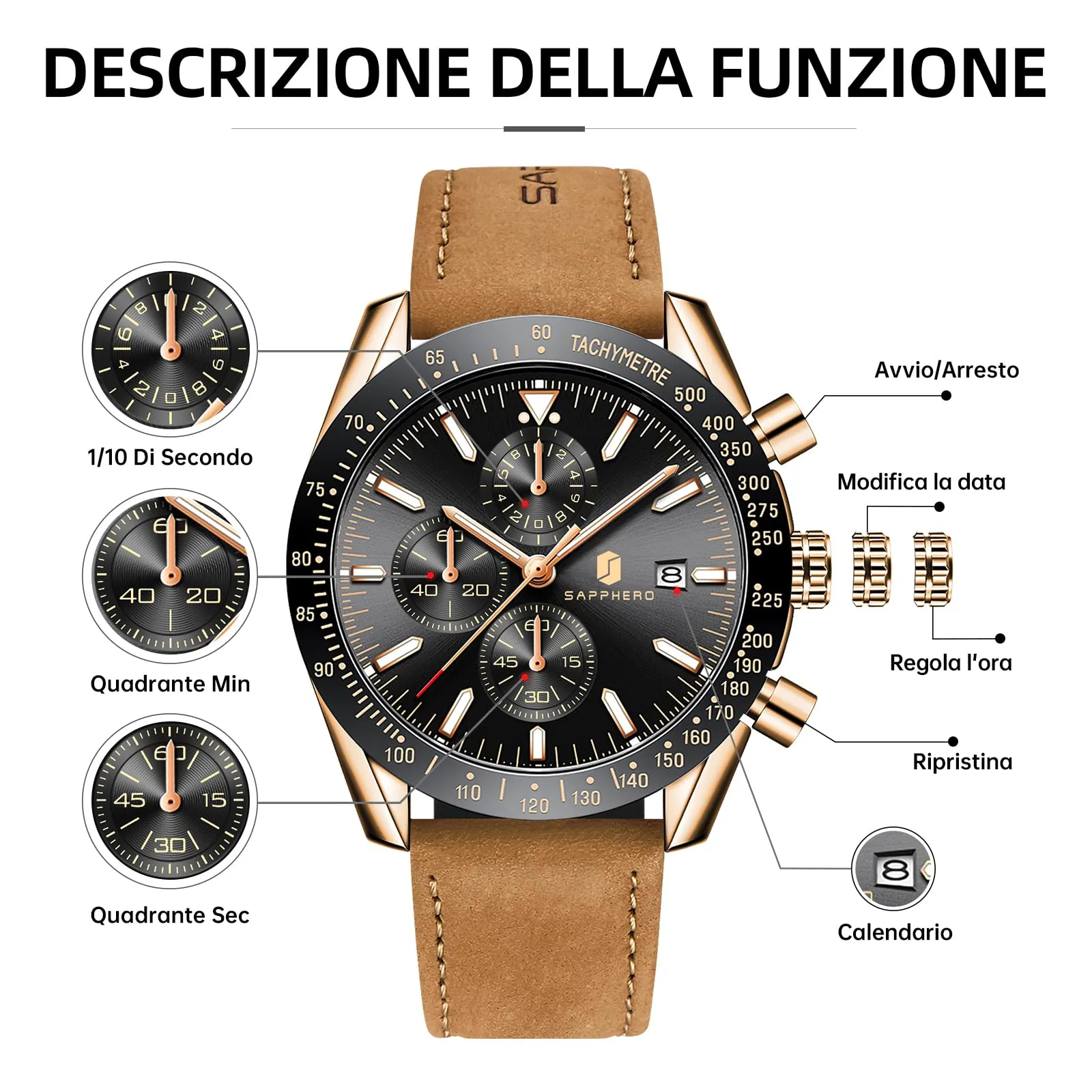 BENYAR Orologio da Uomo Cronografo Analogico al Quarzo, Cinturino in Pelle, 50M Impermeabile, Oro Rosa Nero - immagine 7
