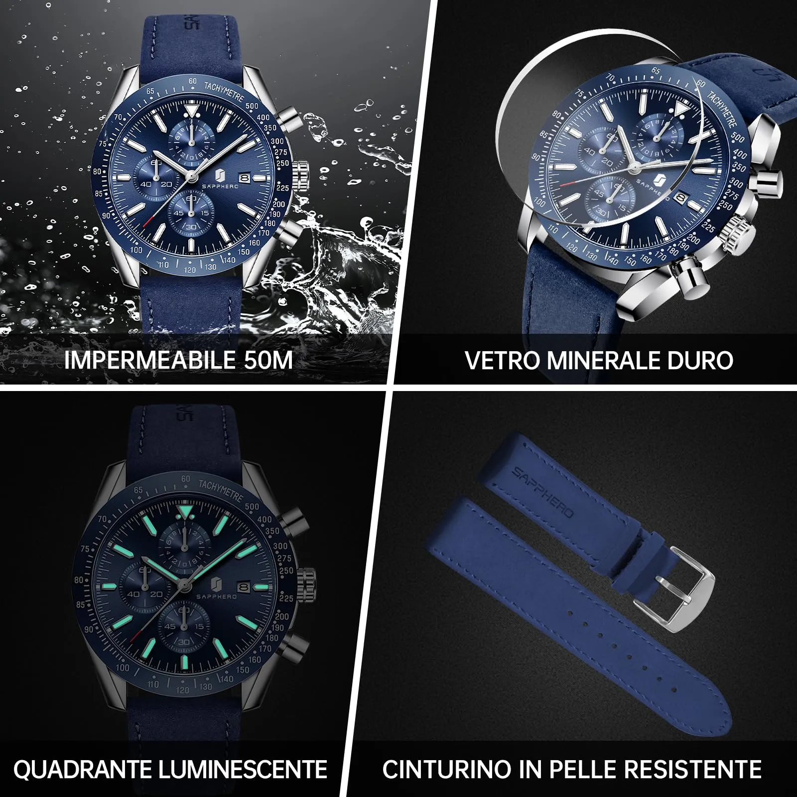 BENYAR Orologio da Uomo Cronografo Analogico al Quarzo BY5140-05, Cinturino in Pelle, 50M Impermeabile, Argento Blu - immagine 5