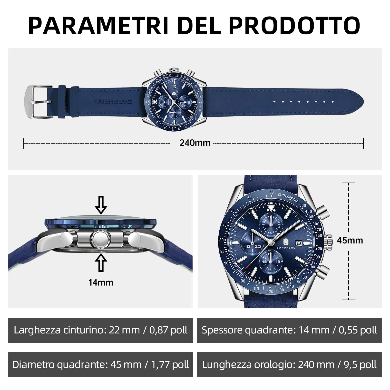 BENYAR Orologio da Uomo Cronografo Analogico al Quarzo BY5140-05, Cinturino in Pelle, 50M Impermeabile, Argento Blu - immagine 6