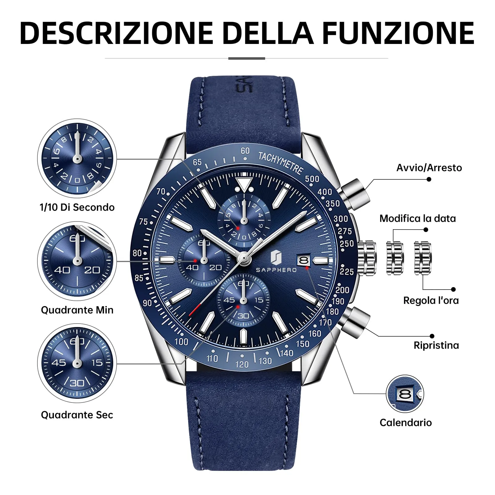 BENYAR Orologio da Uomo Cronografo Analogico al Quarzo BY5140-05, Cinturino in Pelle, 50M Impermeabile, Argento Blu - immagine 7