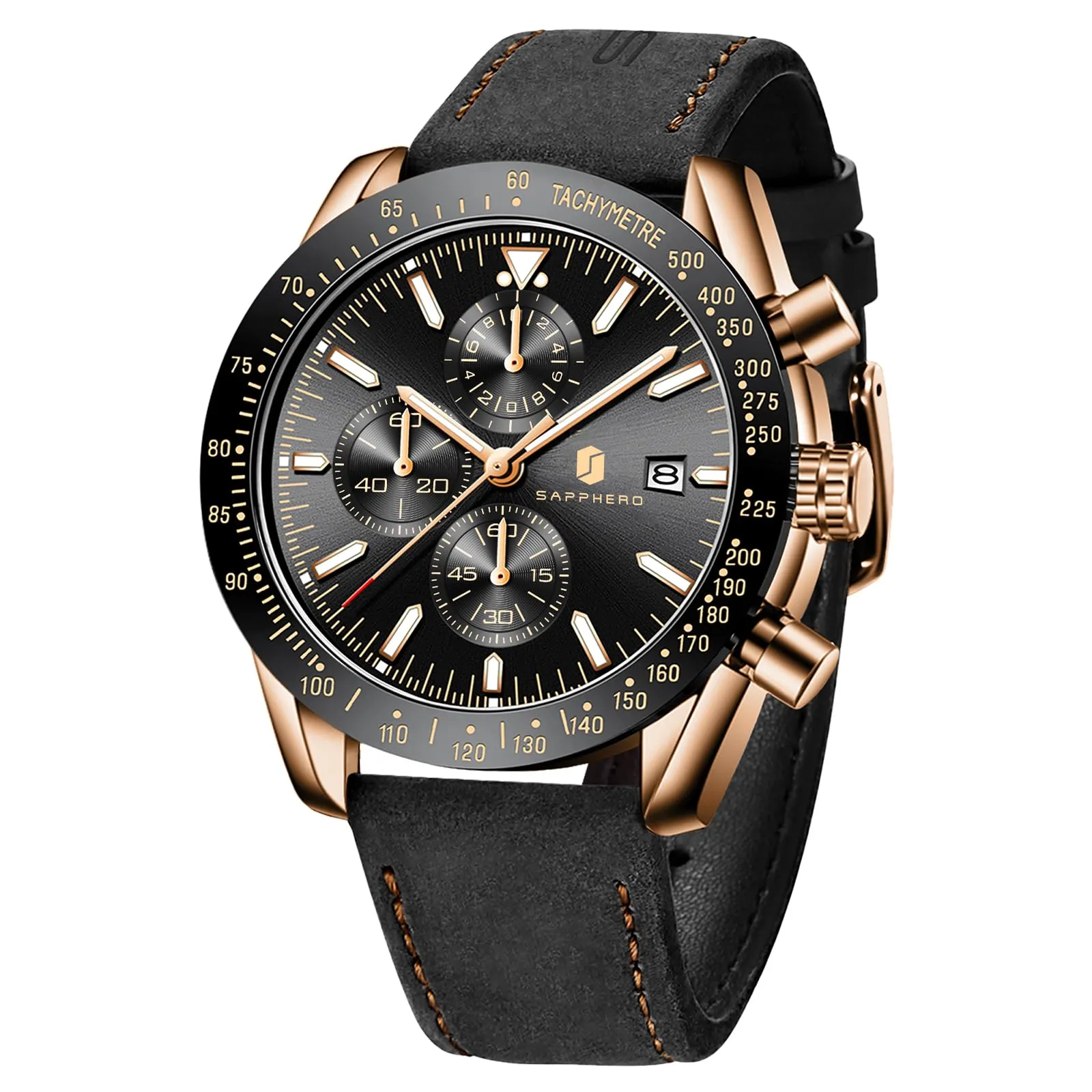 BENYAR BY5140 Orologio da Uomo Cronografo Analogico al Quarzo, Cinturino in Pelle, Oro Rosa Nero - immagine 1