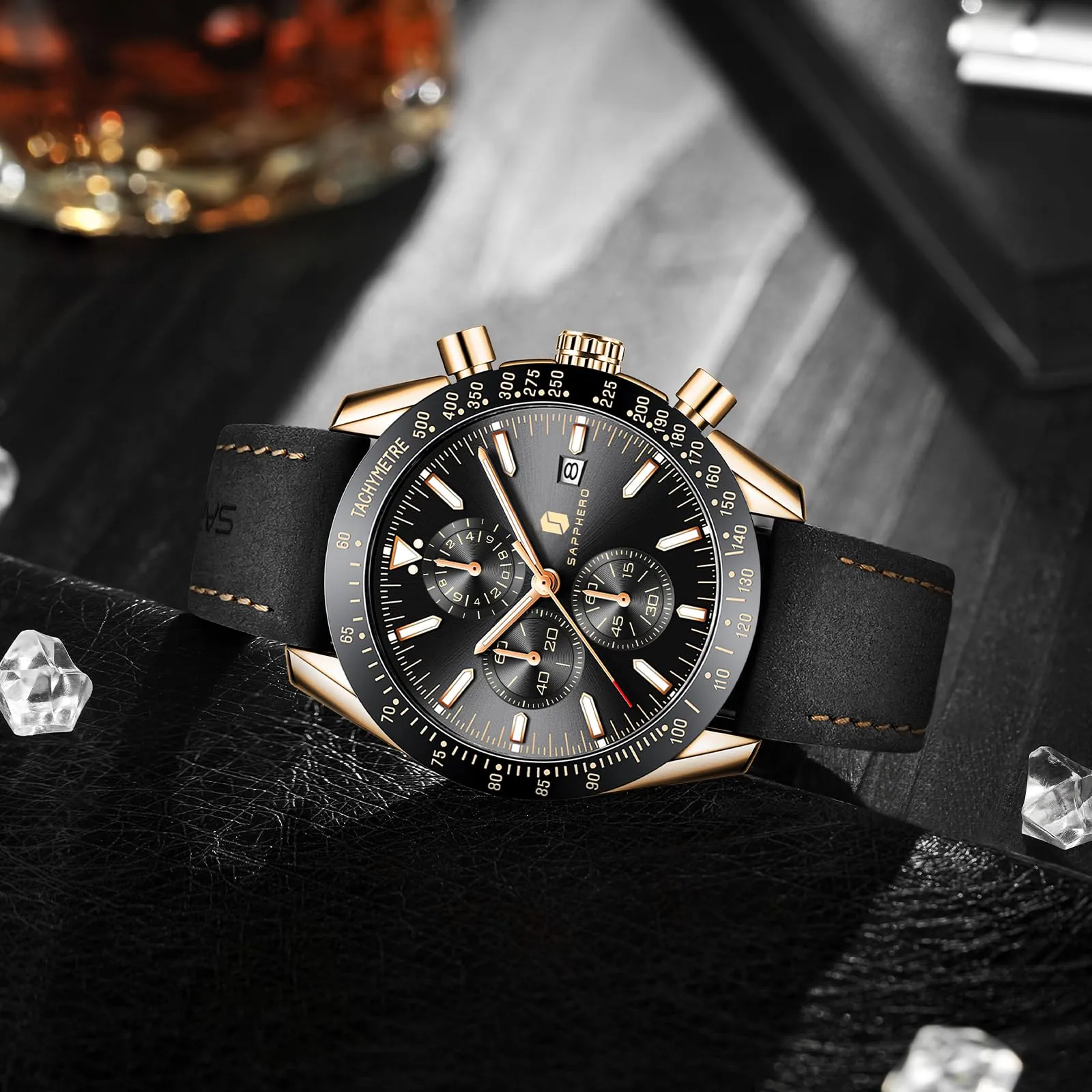 BENYAR BY5140 Orologio da Uomo Cronografo Analogico al Quarzo, Cinturino in Pelle, Oro Rosa Nero - immagine 4