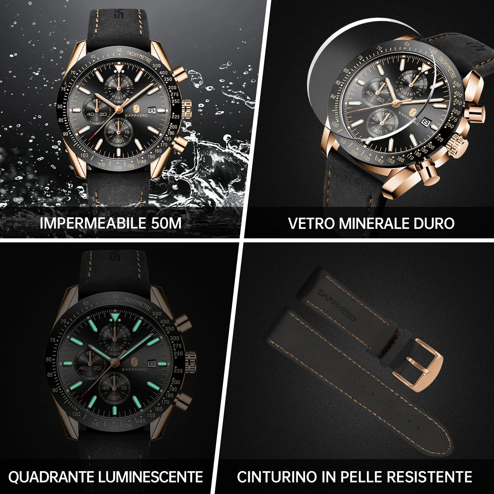 BENYAR BY5140 Orologio da Uomo Cronografo Analogico al Quarzo, Cinturino in Pelle, Oro Rosa Nero - immagine 5