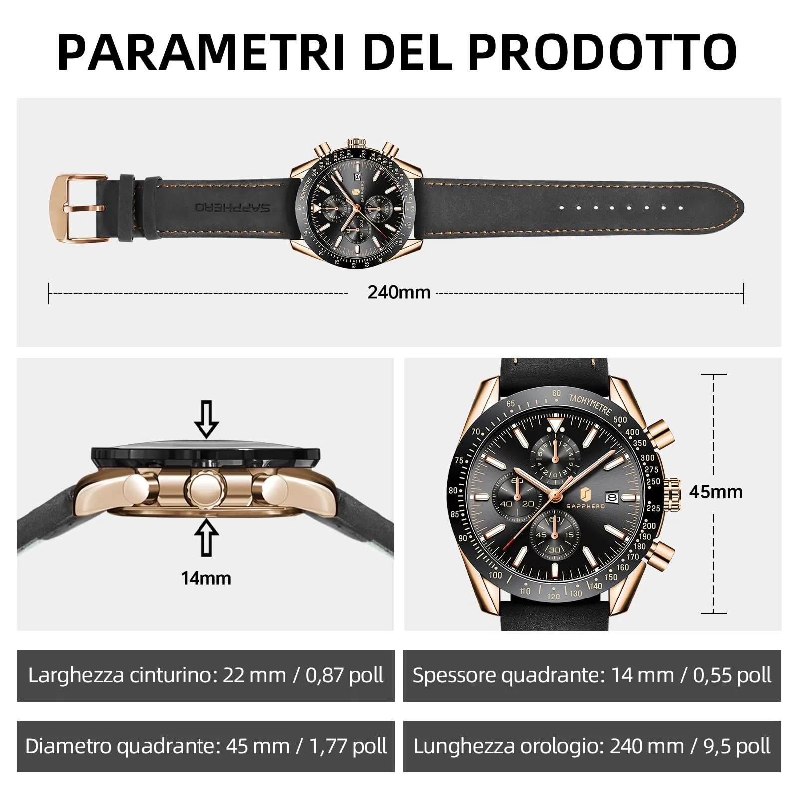 BENYAR BY5140 Orologio da Uomo Cronografo Analogico al Quarzo, Cinturino in Pelle, Oro Rosa Nero - immagine 6