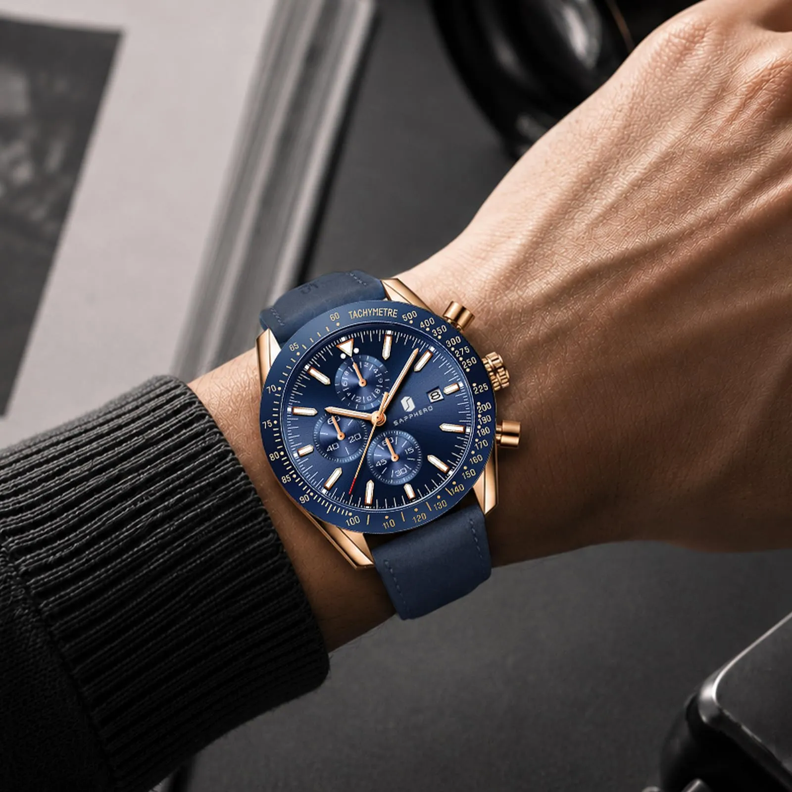 BENYAR BY5140 Orologio da Uomo Cronografo Analogico al Quarzo, Cinturino in Pelle, 50M Impermeabile, Oro Rosa Blu - immagine 2